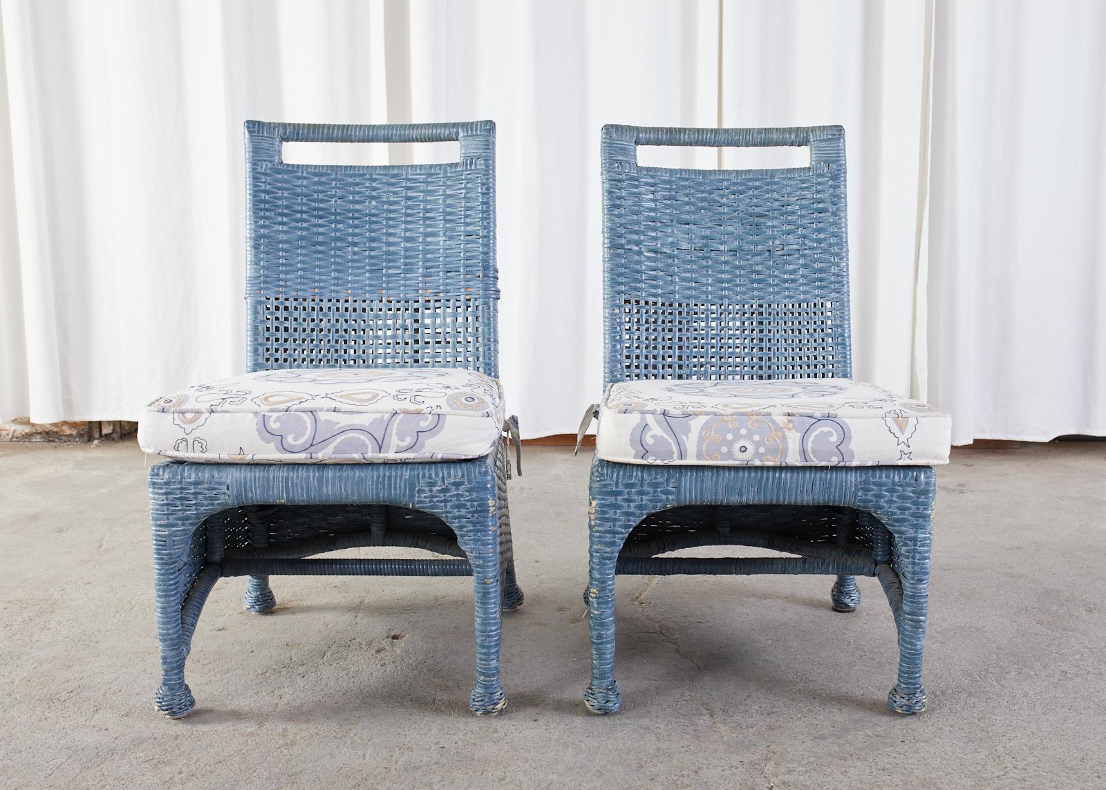 Set of Six McGuire Woven Rattan French Blue Dining Chairs 5