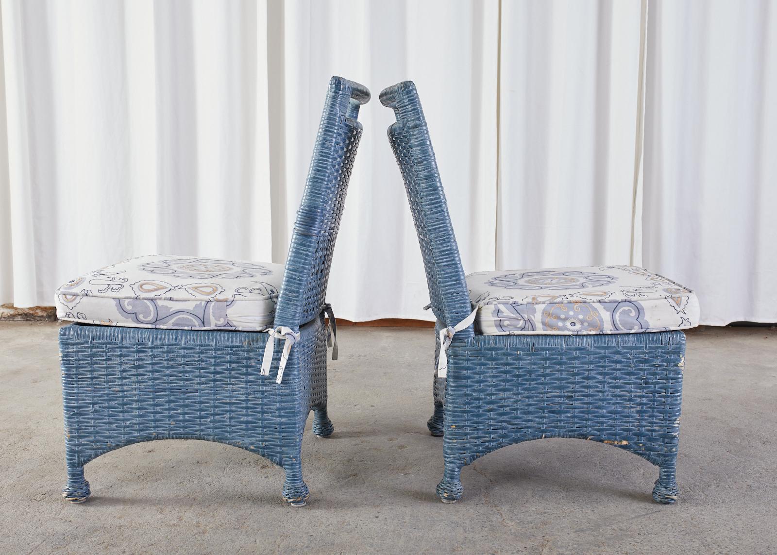 Set of Six McGuire Woven Rattan French Blue Dining Chairs 6
