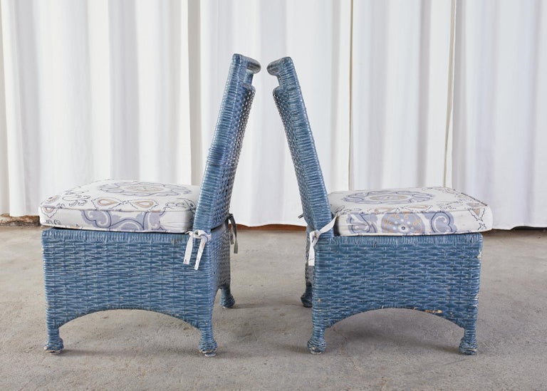 Set of Six McGuire Woven Rattan French Blue Dining Chairs at 1stDibs