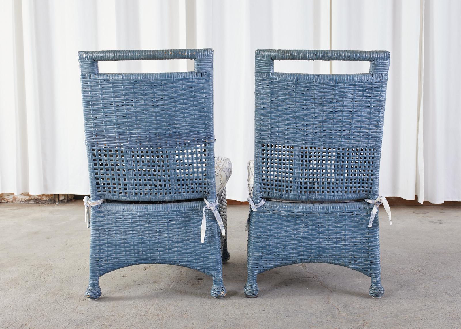 Set of Six McGuire Woven Rattan French Blue Dining Chairs 8