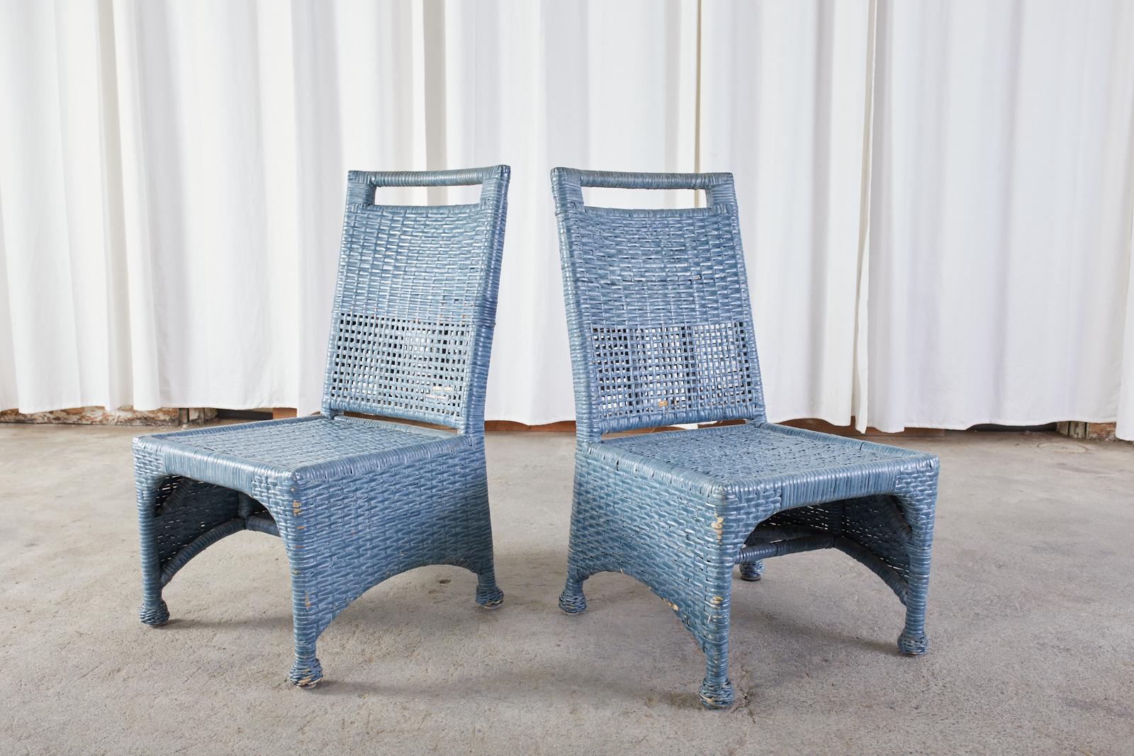 Set of Six McGuire Woven Rattan French Blue Dining Chairs 9