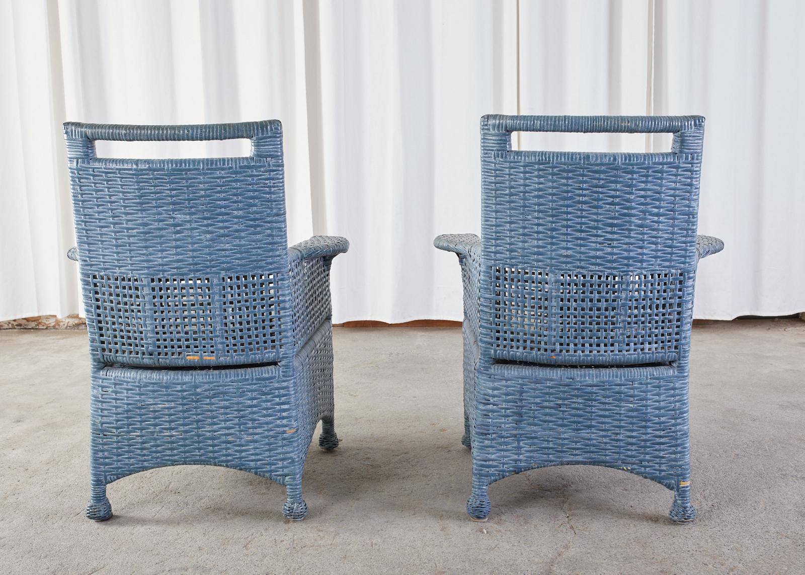 Set of Six McGuire Woven Rattan French Blue Dining Chairs 10