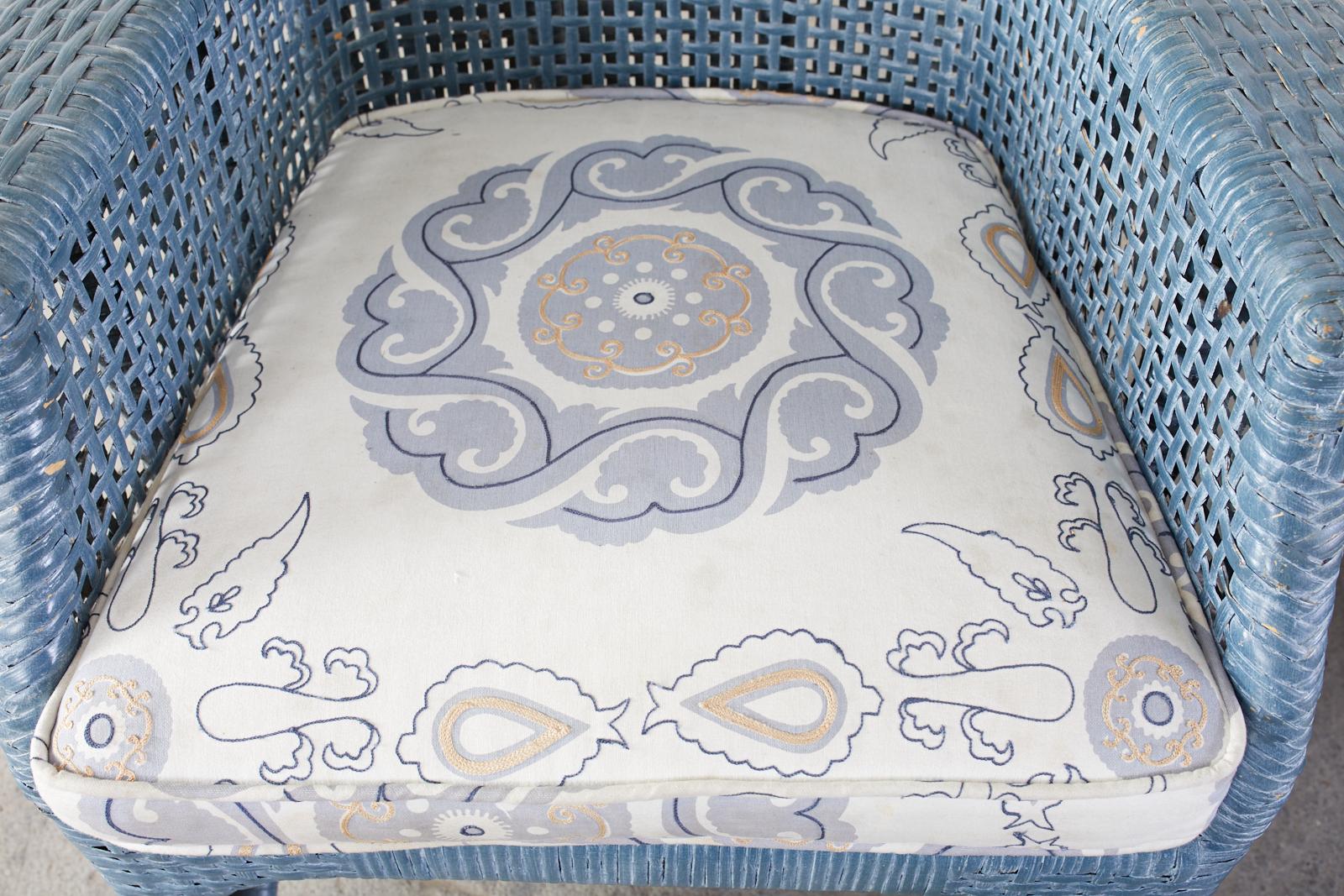 Organic Modern Set of Six McGuire Woven Rattan French Blue Dining Chairs