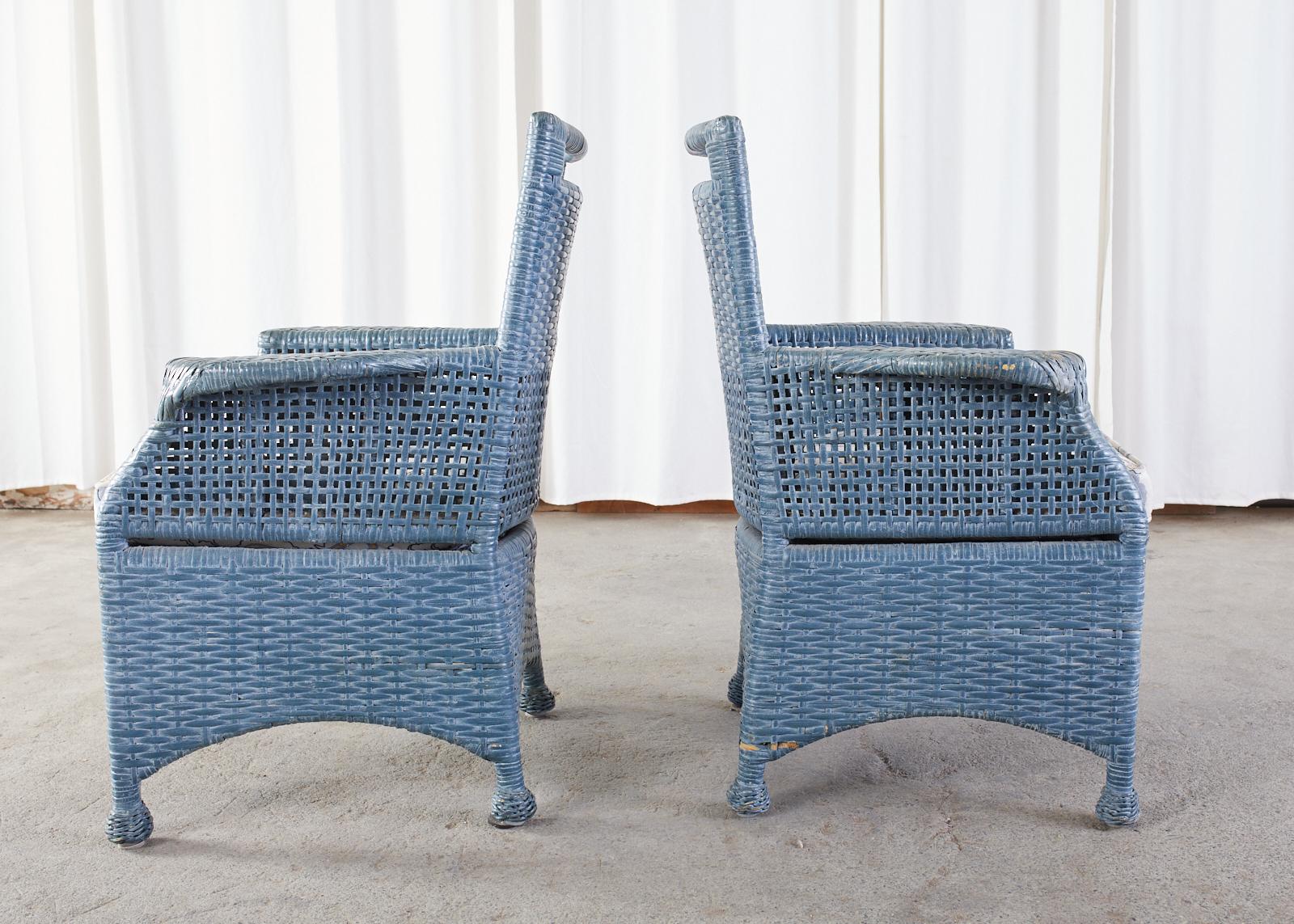 Set of Six McGuire Woven Rattan French Blue Dining Chairs In Good Condition In Rio Vista, CA
