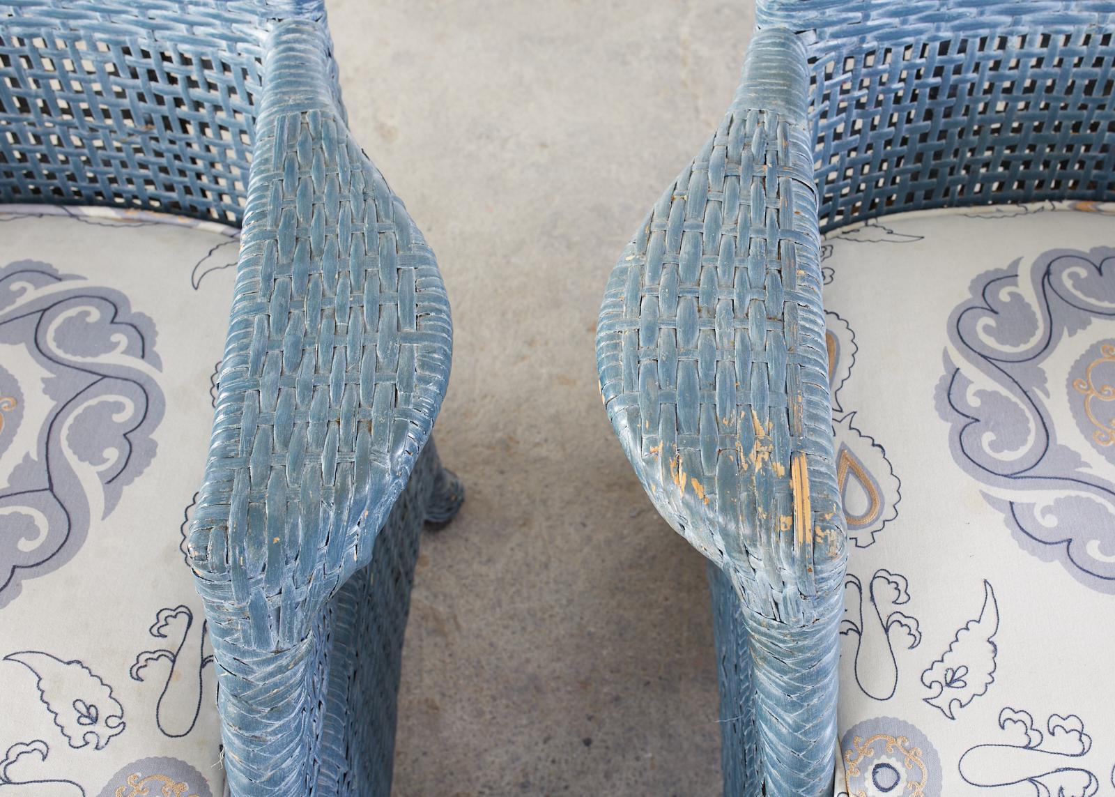 20th Century Set of Six McGuire Woven Rattan French Blue Dining Chairs