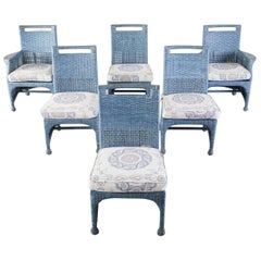 Set of Six McGuire Woven Rattan French Blue Dining Chairs