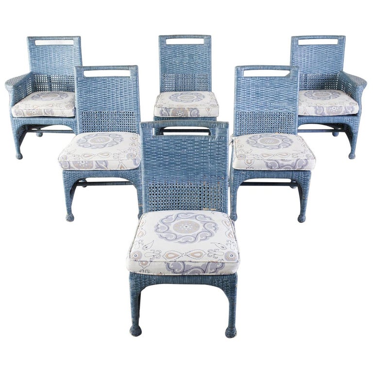 Set of Six McGuire Woven Rattan French Blue Dining Chairs at 1stDibs