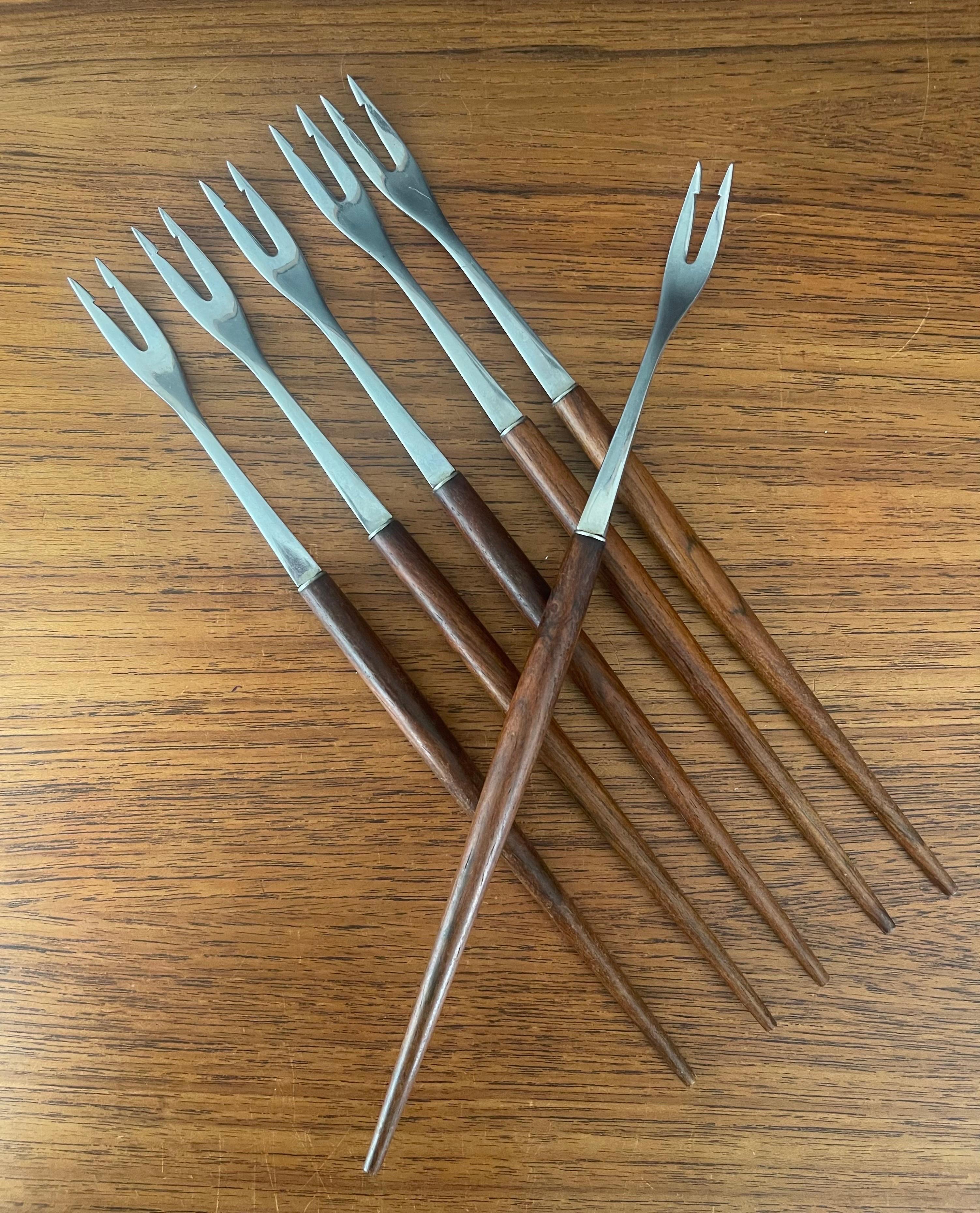Set of Six MCM Walnut & Stainless Steel Fondue Forks by Rostfrei of Germany 10