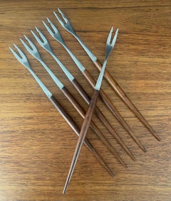 Set of Six MCM Walnut & Stainless Steel Fondue Forks by Rostfrei of Germany