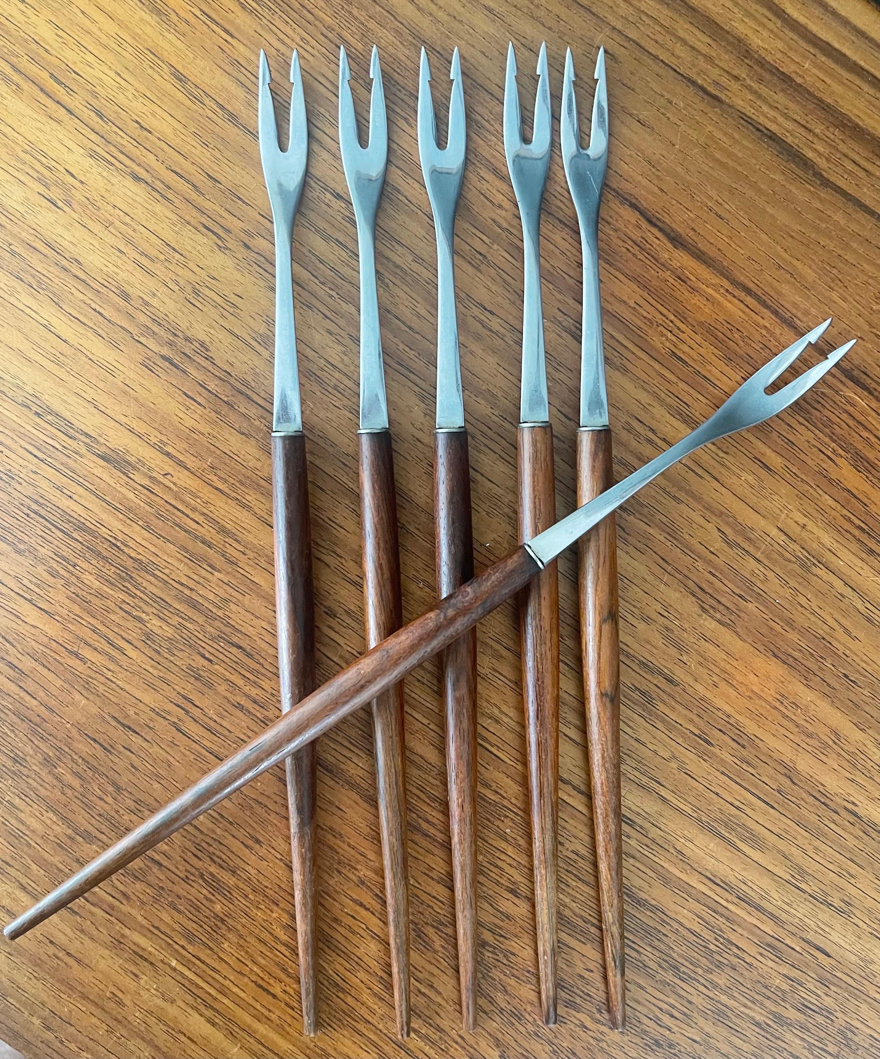 Mid-Century Modern Set of Six MCM Walnut & Stainless Steel Fondue Forks by Rostfrei of Germany