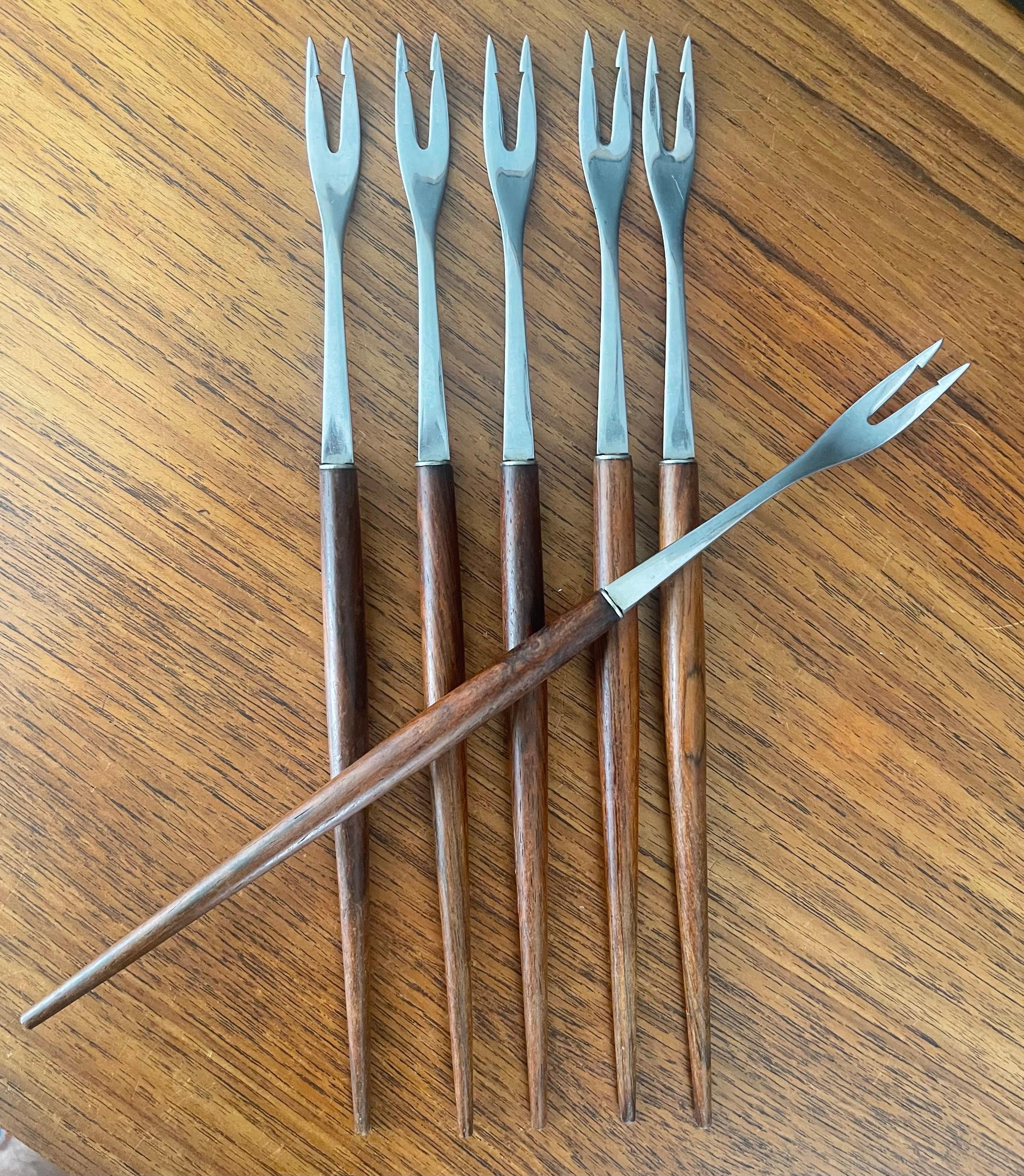 20th Century Set of Six MCM Walnut & Stainless Steel Fondue Forks by Rostfrei of Germany