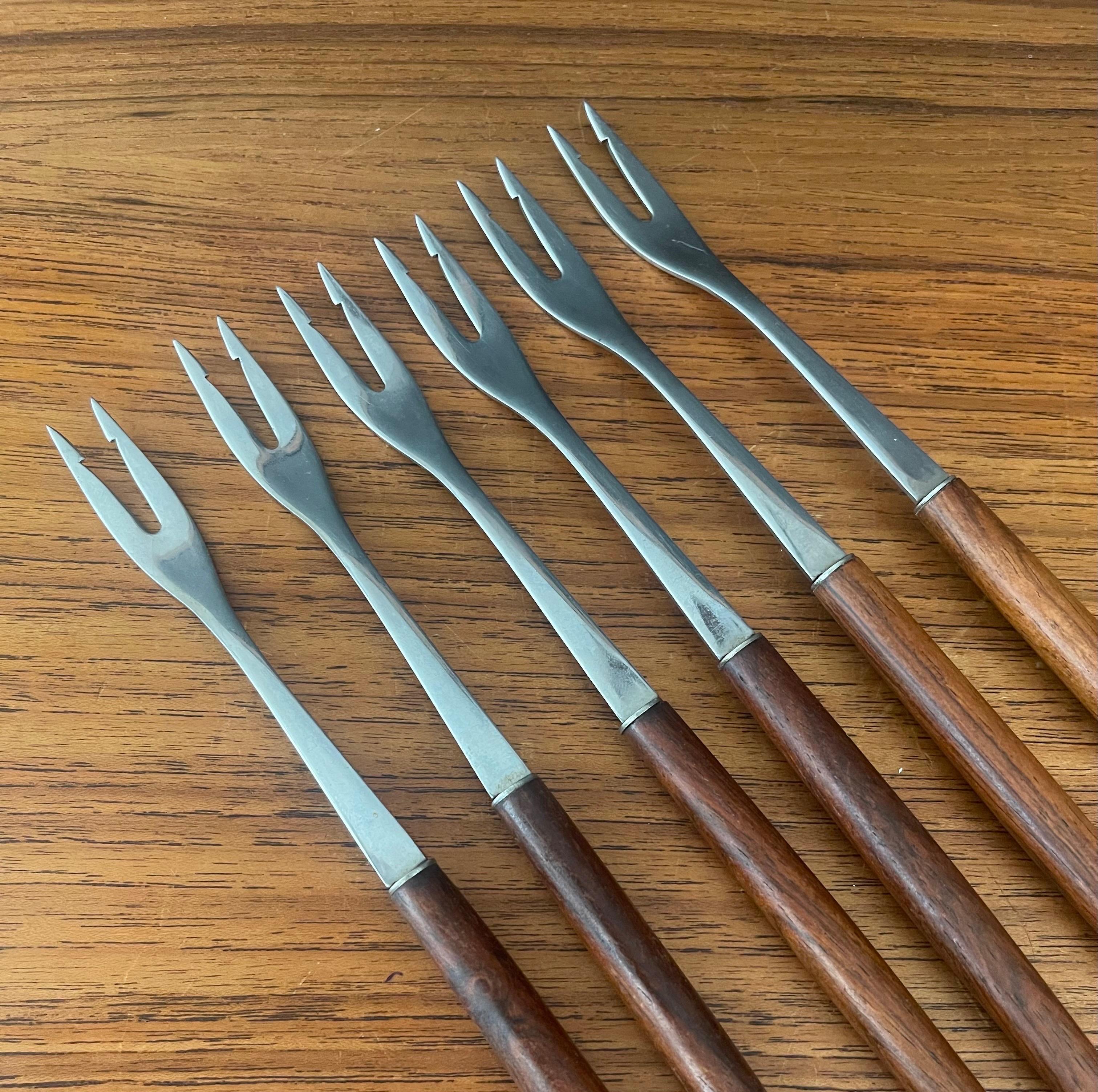 Set of Six MCM Walnut & Stainless Steel Fondue Forks by Rostfrei of Germany 1