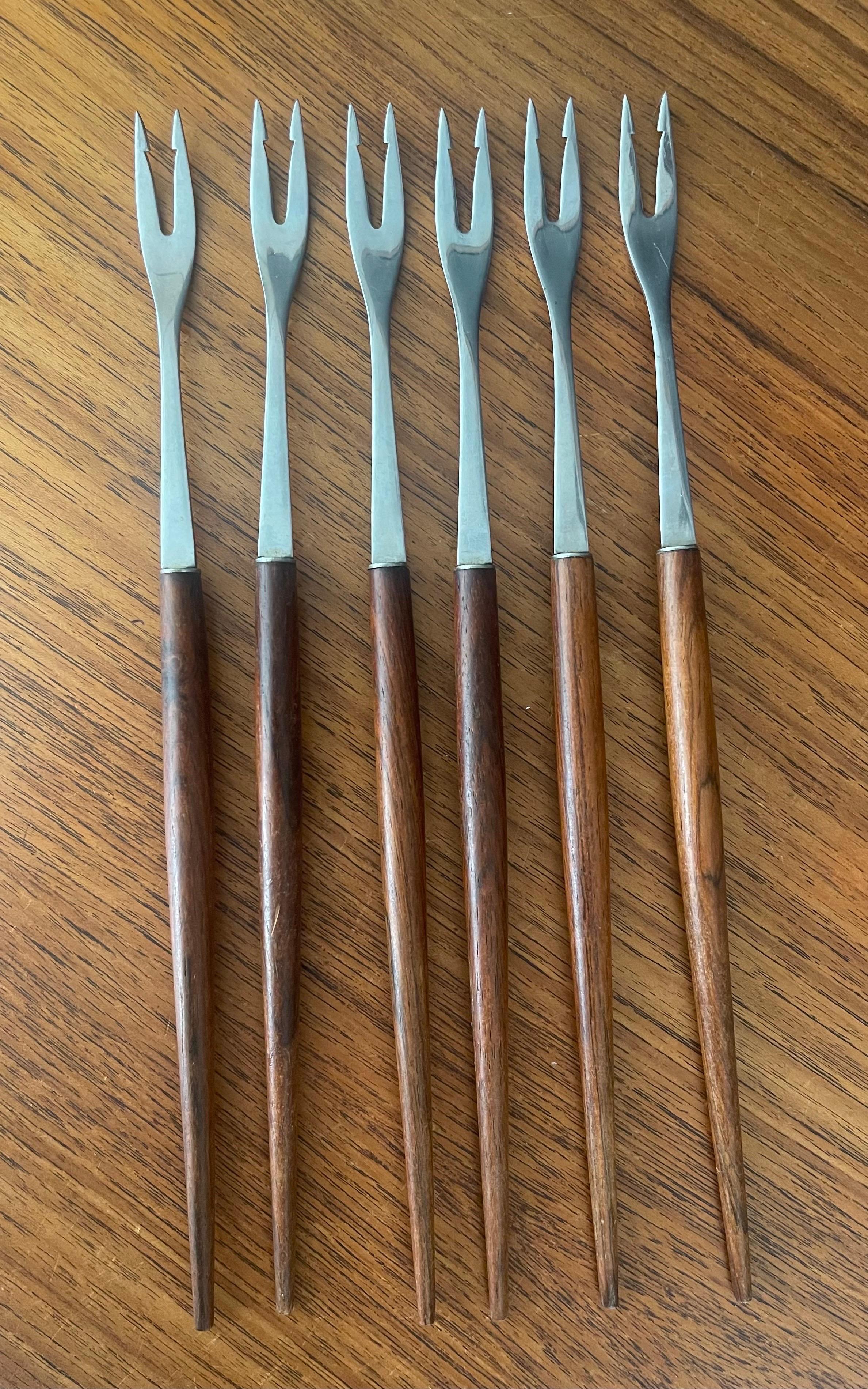 Set of Six MCM Walnut & Stainless Steel Fondue Forks by Rostfrei of Germany 2