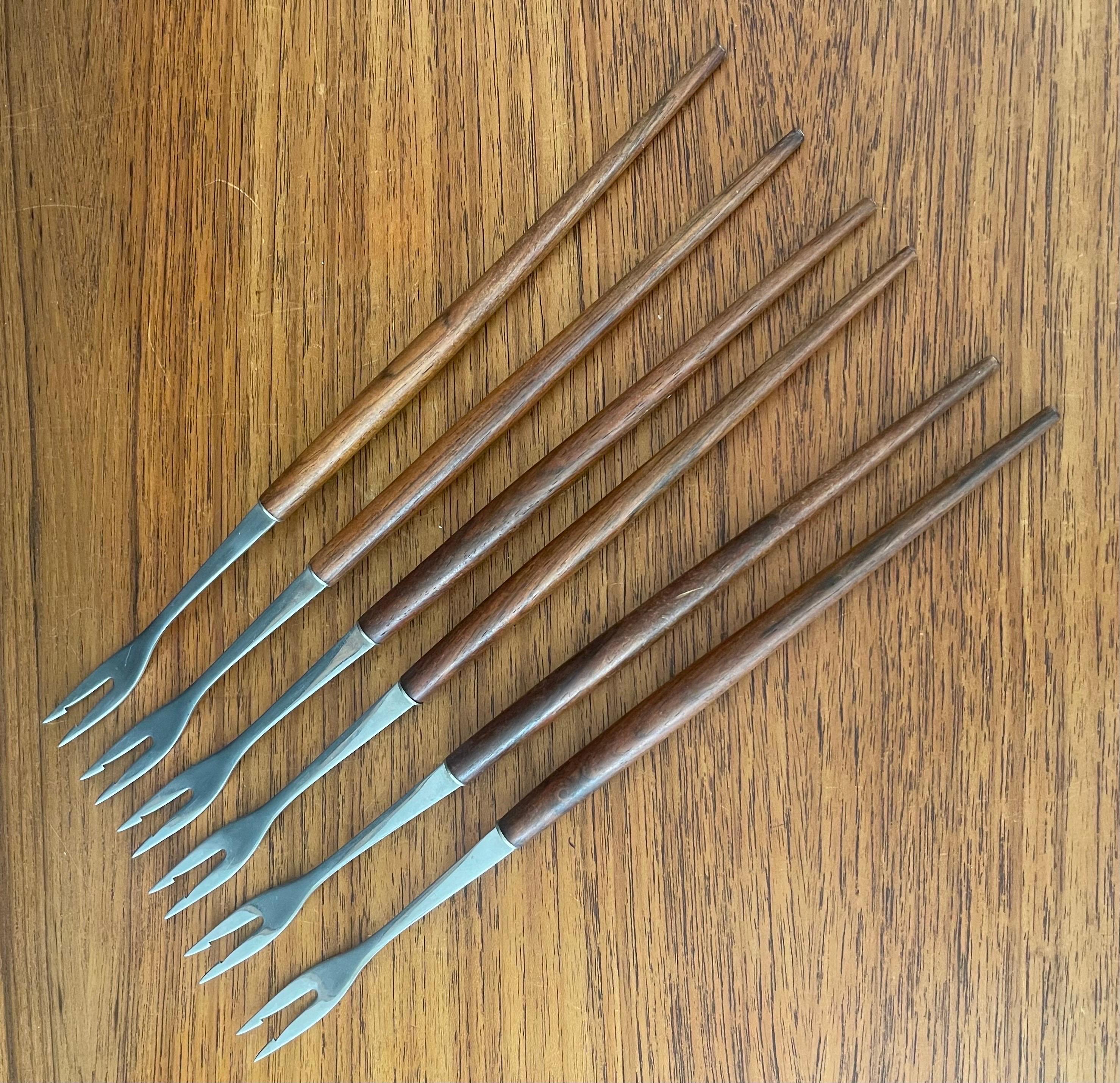 Set of Six MCM Walnut & Stainless Steel Fondue Forks by Rostfrei of Germany 3