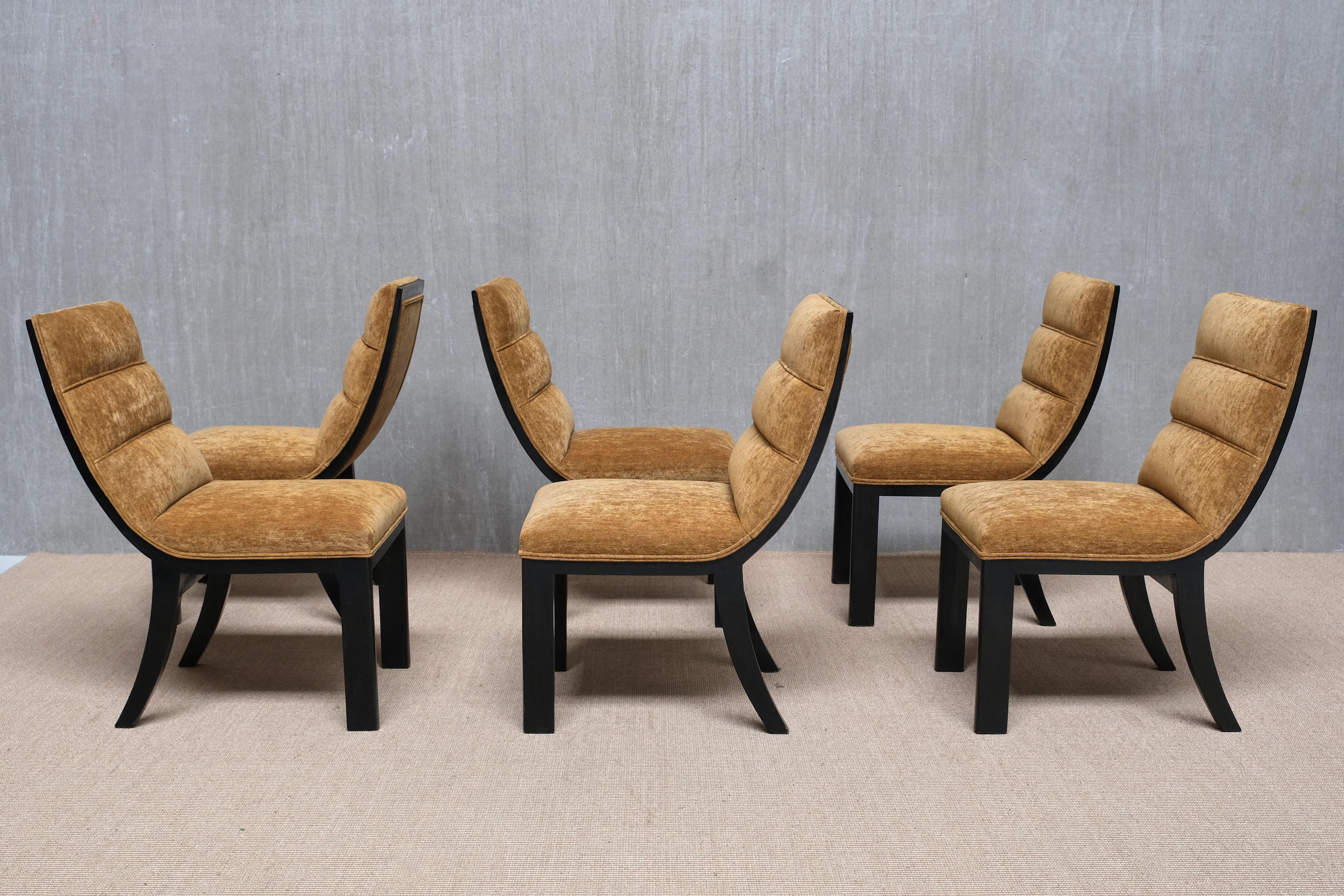 This exceptionally rare set of six dining chairs was designed by Melchiorre Bega in the 1930s and produced by Bega & Figli in Bologna, Italy. An important early example of Bega’s refined modernist vocabulary, the set was exhibited at the Mostra