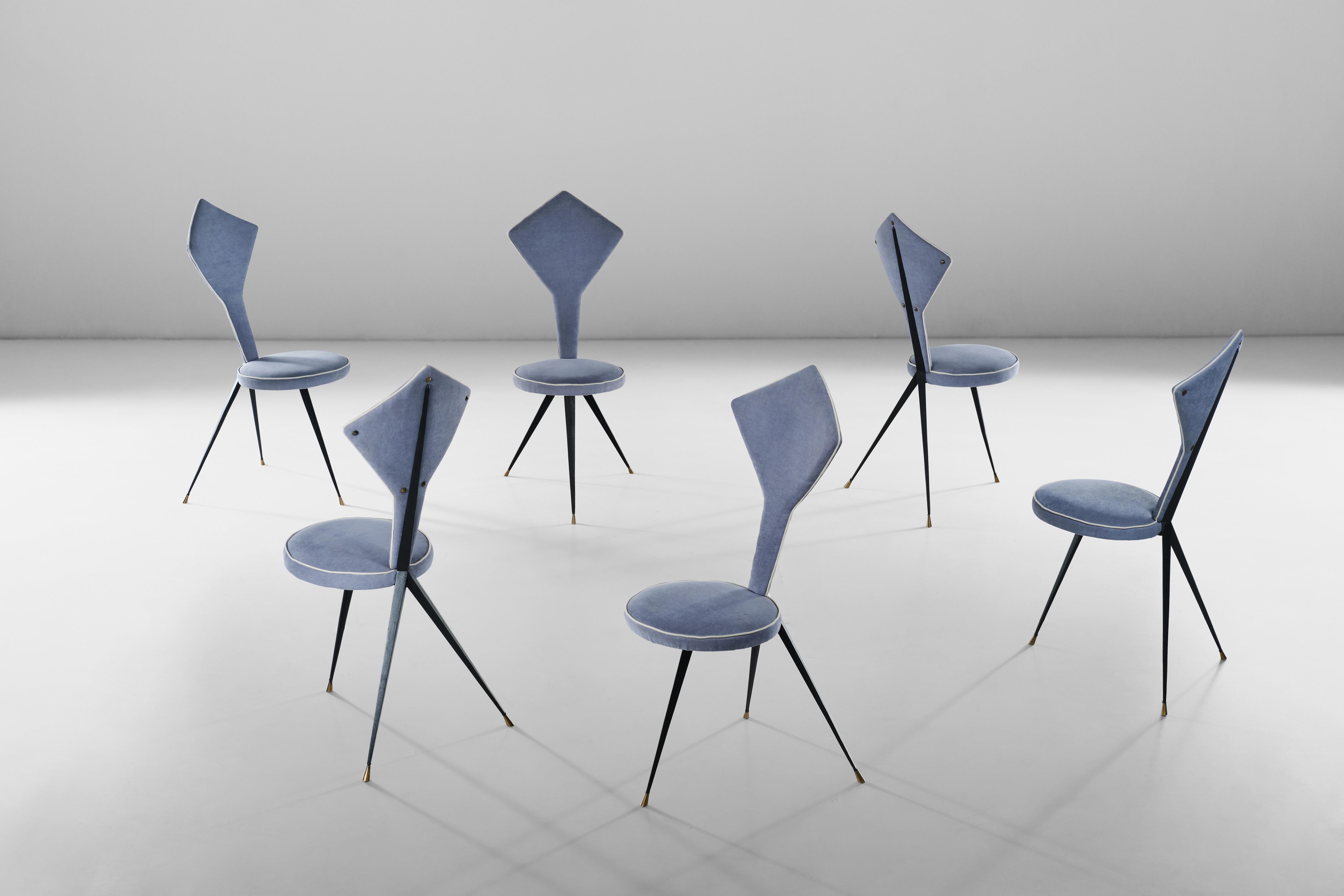 Set of six metal and fabric tripod chairs - Italian Design  - 1970 circa In Good Condition In Milan, IT
