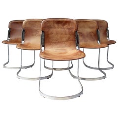 Set of Six Metal and Tawny Leather Chairs, Willy Rizzo Style, circa 1970