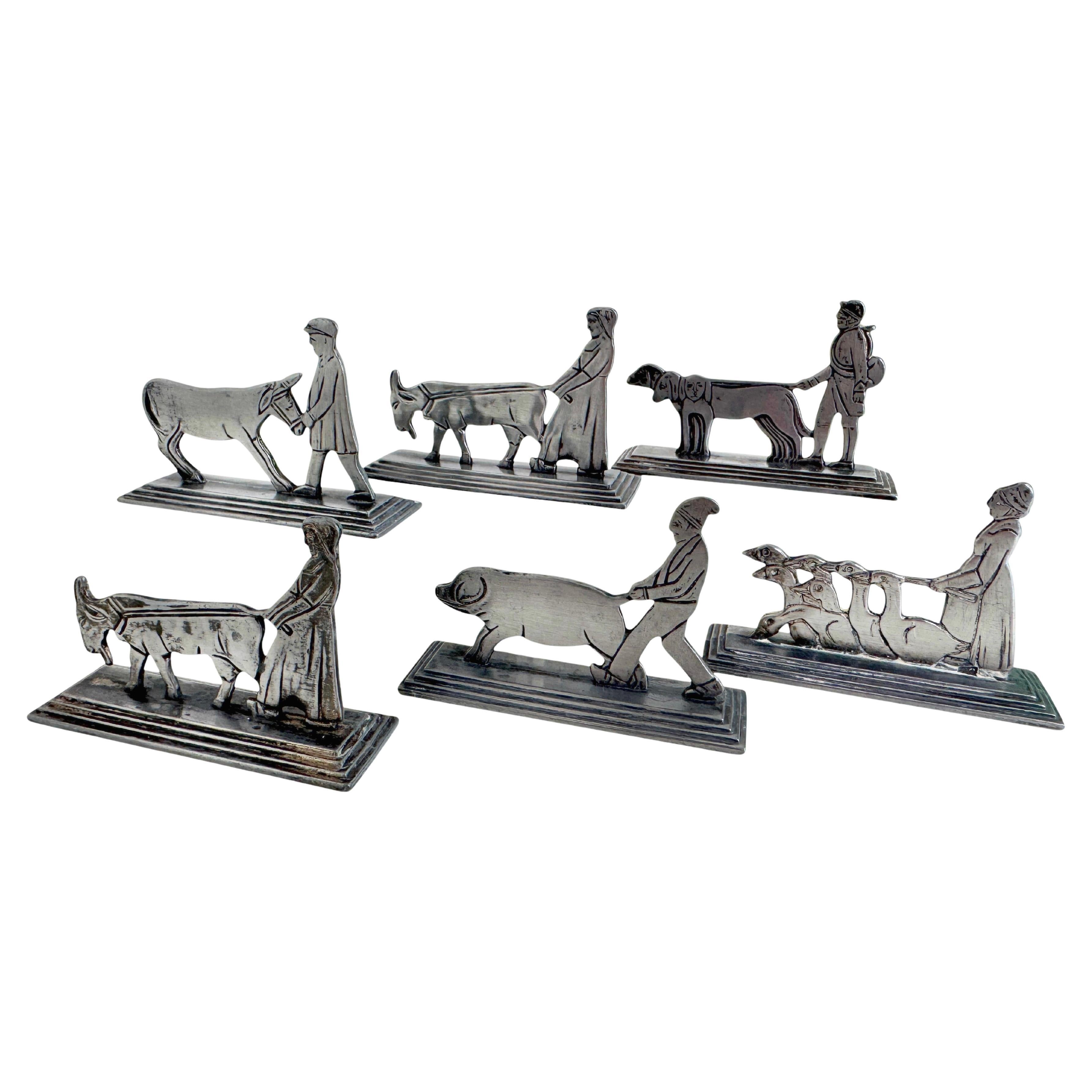 set di sei poggiacoltelli in metallo con motivi animali Francia XX secolo Art Deco in vendita