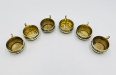 Set of Six Mexican Brass and Abalone Shell Inlay Teacups with Saucers, 1950s