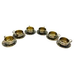 Set di sei tazze da tè messicane in ottone e conchiglia di abalone con piattini, anni '50