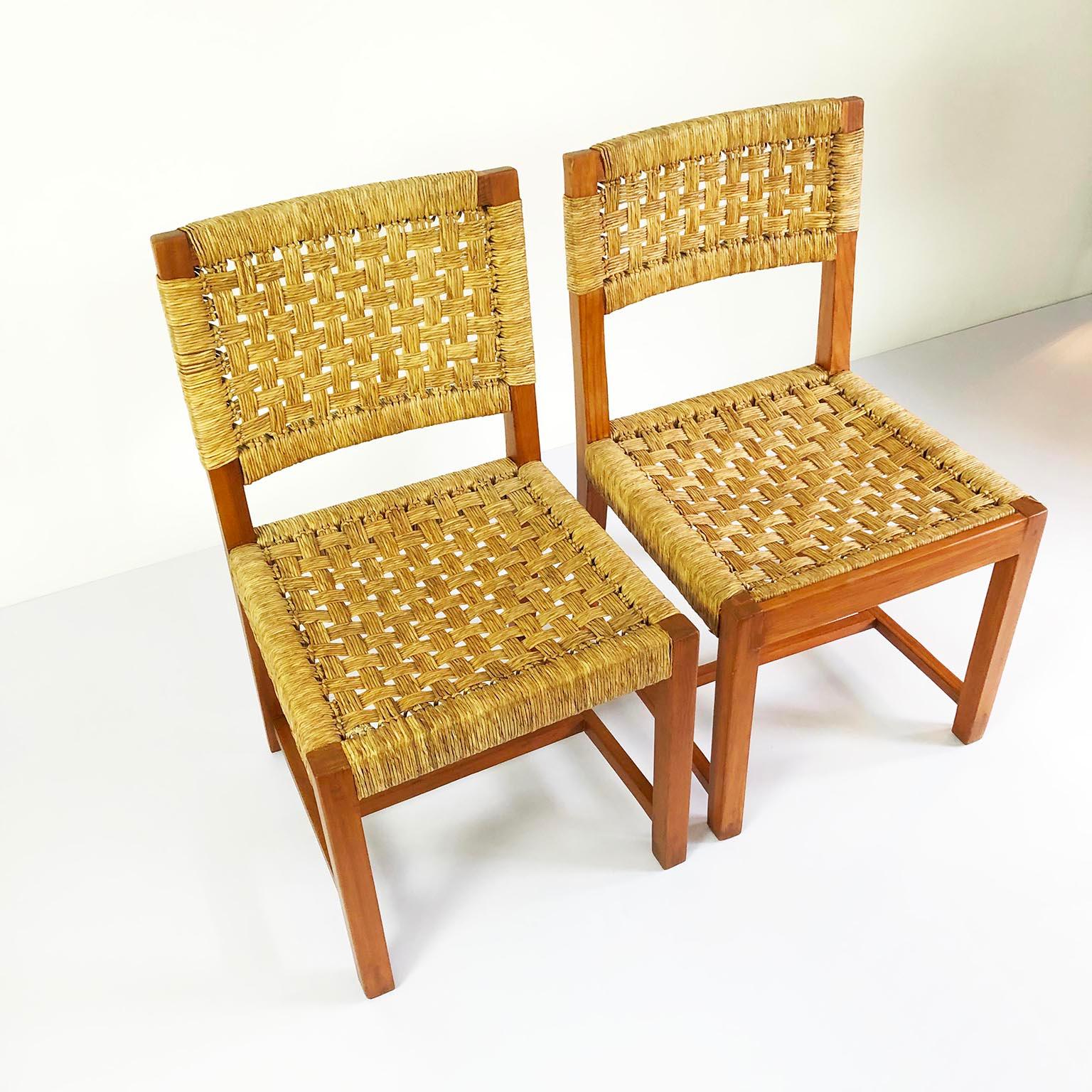 We offer this set of six Mexican chairs in the style of Michael van Beuren, made in pine with palm cords, recently refinished, circa 1960.