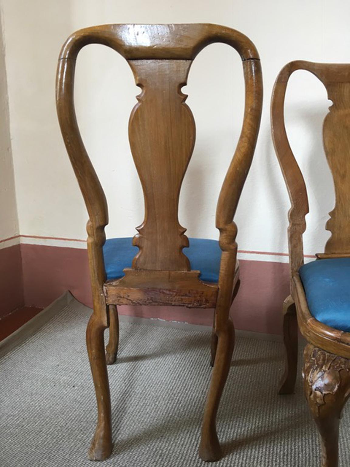 Italy Mid-18th Century Set Six Dining Chairs Solid Oak Hand Carved 1