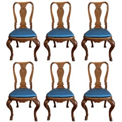 Italy Mid-18th Century Set Six Dining Chairs Solid Oak Hand Carved