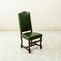 Set of Six Mid-20th Century French Mutton Leg Chairs, Green Leather Upholstery