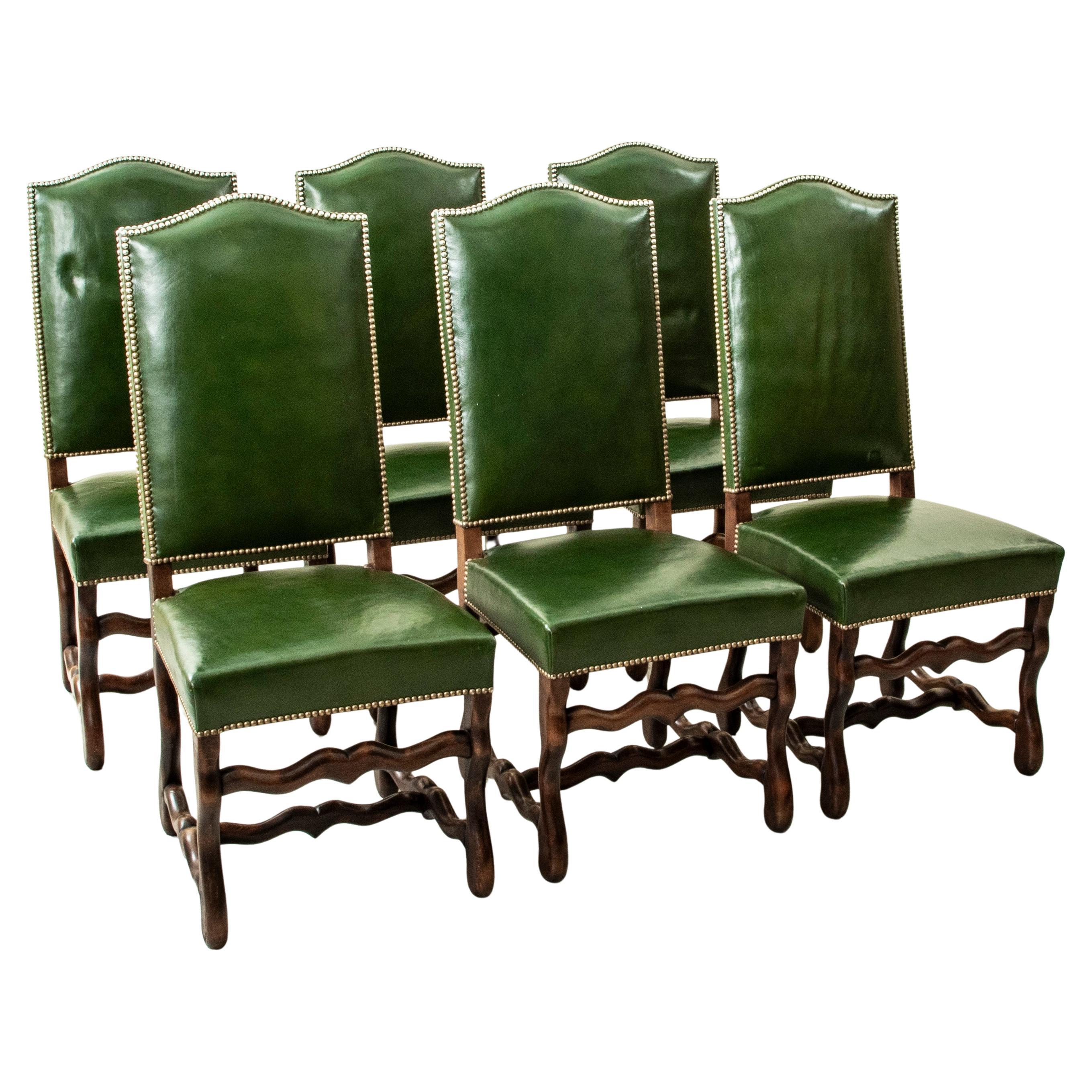 Set of Six Mid-20th Century French Mutton Leg Chairs, Green Leather Upholstery