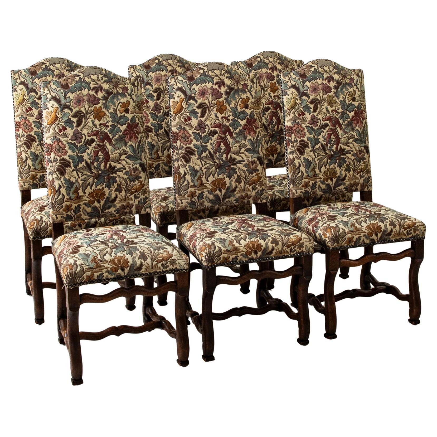 Set of Six Mid-20th Century French Oak Mutton Leg Dining Chairs, Tapestry