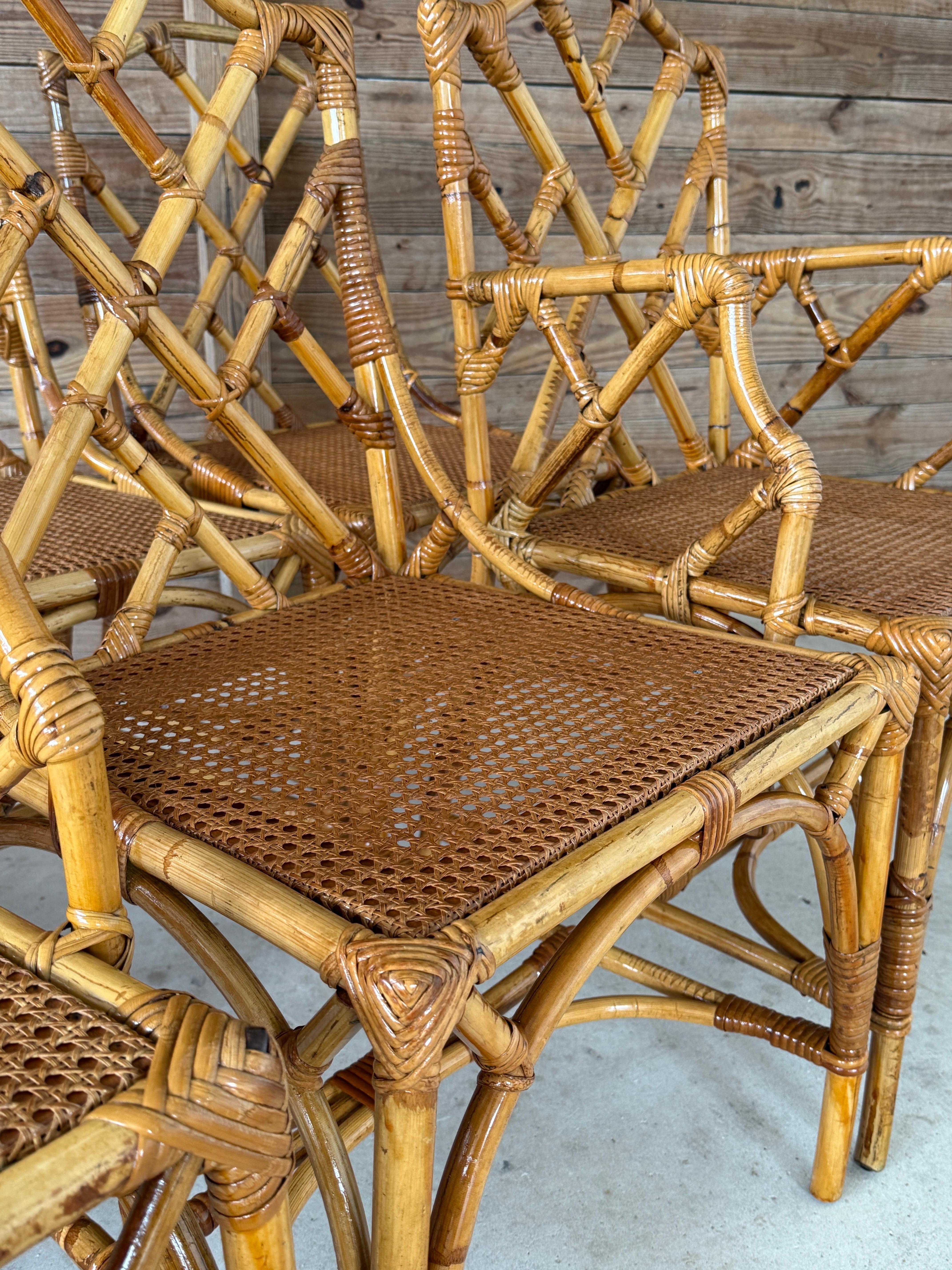 Set of Six Mid-20th Century Restored Italian Rattan Chippendale Dining Chairs en venta 2