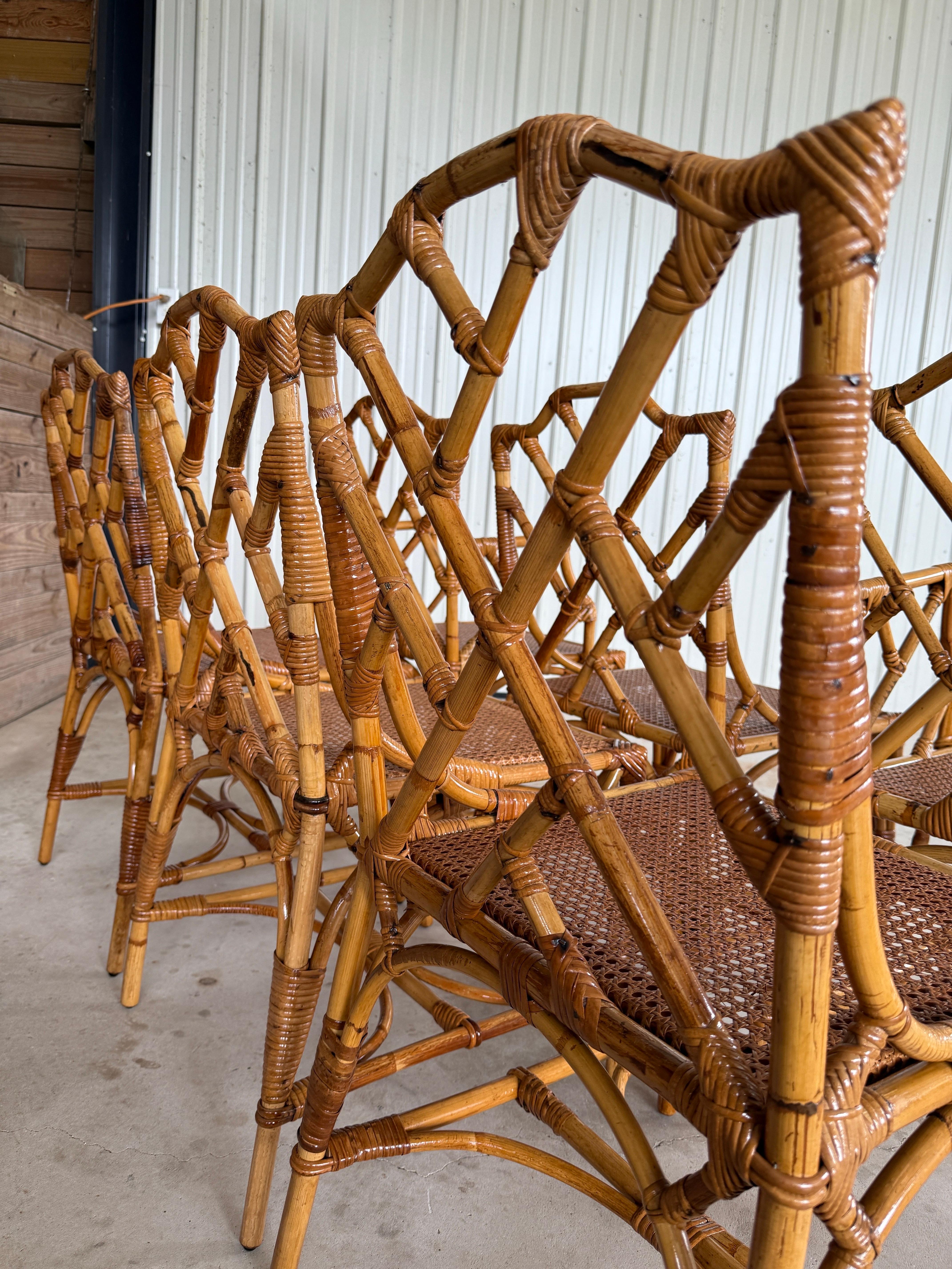 Set of Six Mid-20th Century Restored Italian Rattan Chippendale Dining Chairs en venta 8