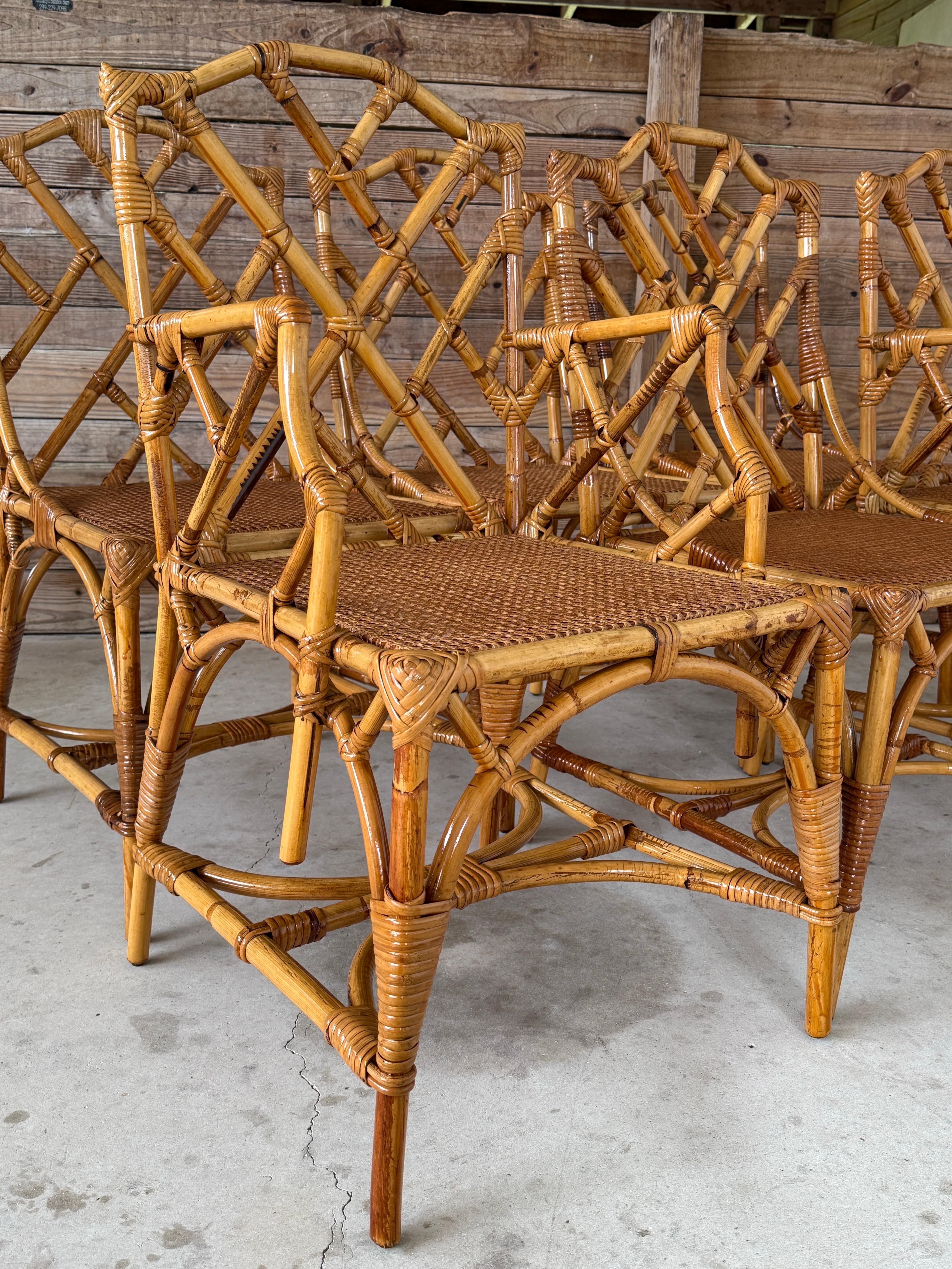 Set of Six Mid-20th Century Restored Italian Rattan Chippendale Dining Chairs en venta 9