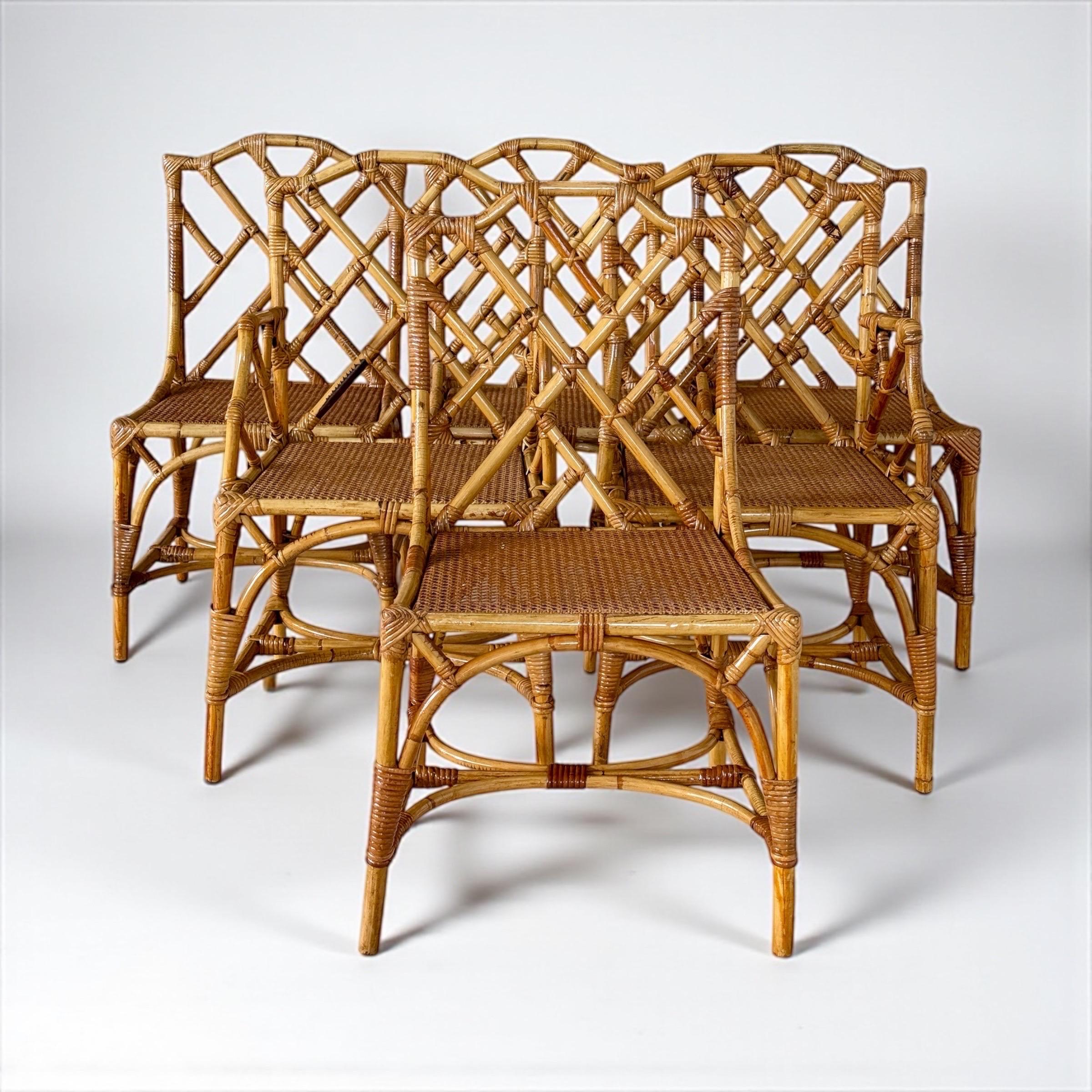 Set of Six Mid-20th Century Restored Italian Rattan Chippendale Dining Chairs en venta 10