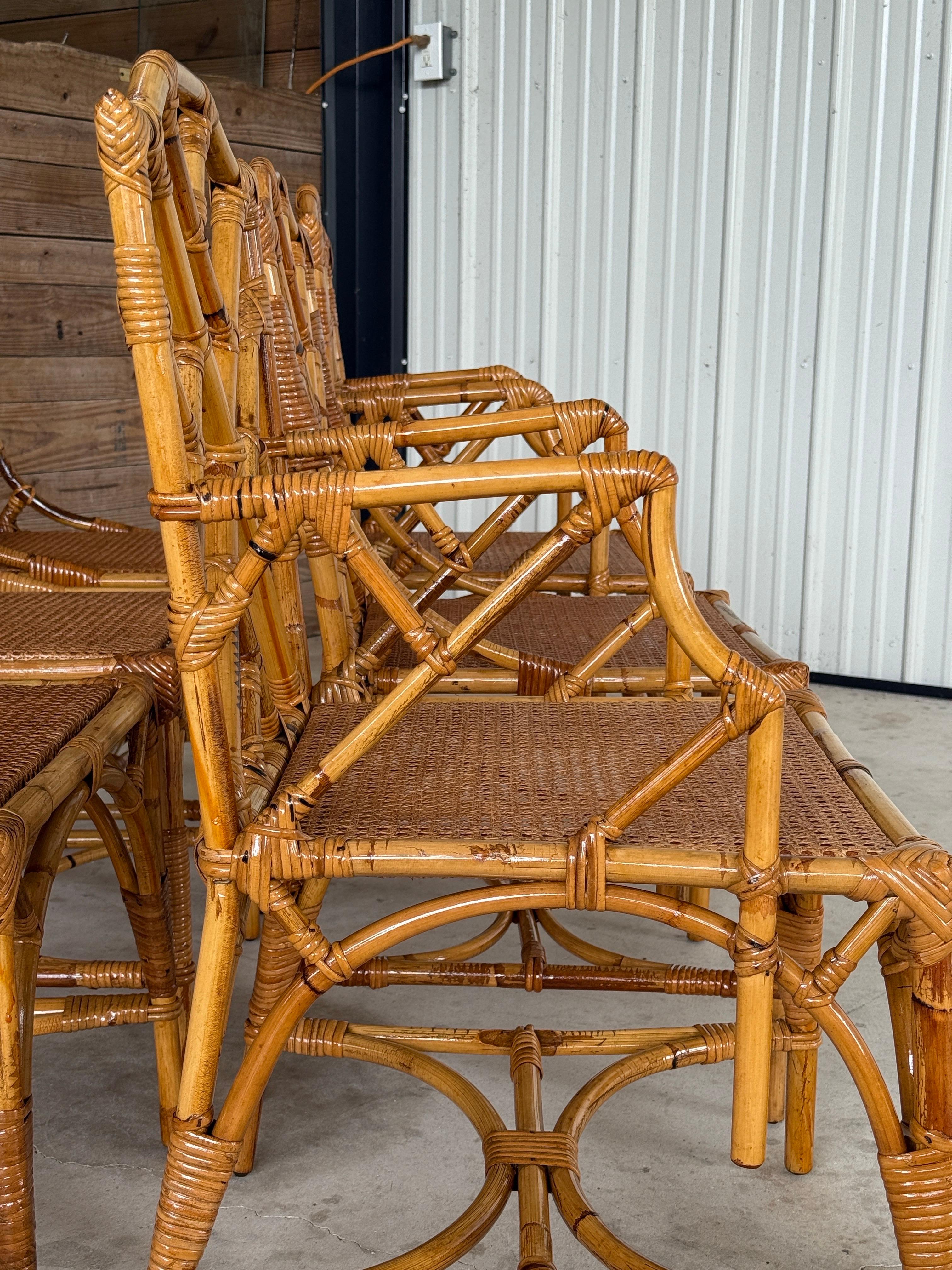 Set of Six Mid-20th Century Restored Italian Rattan Chippendale Dining Chairs en Bueno estado para la venta en North Fort Myers, FL