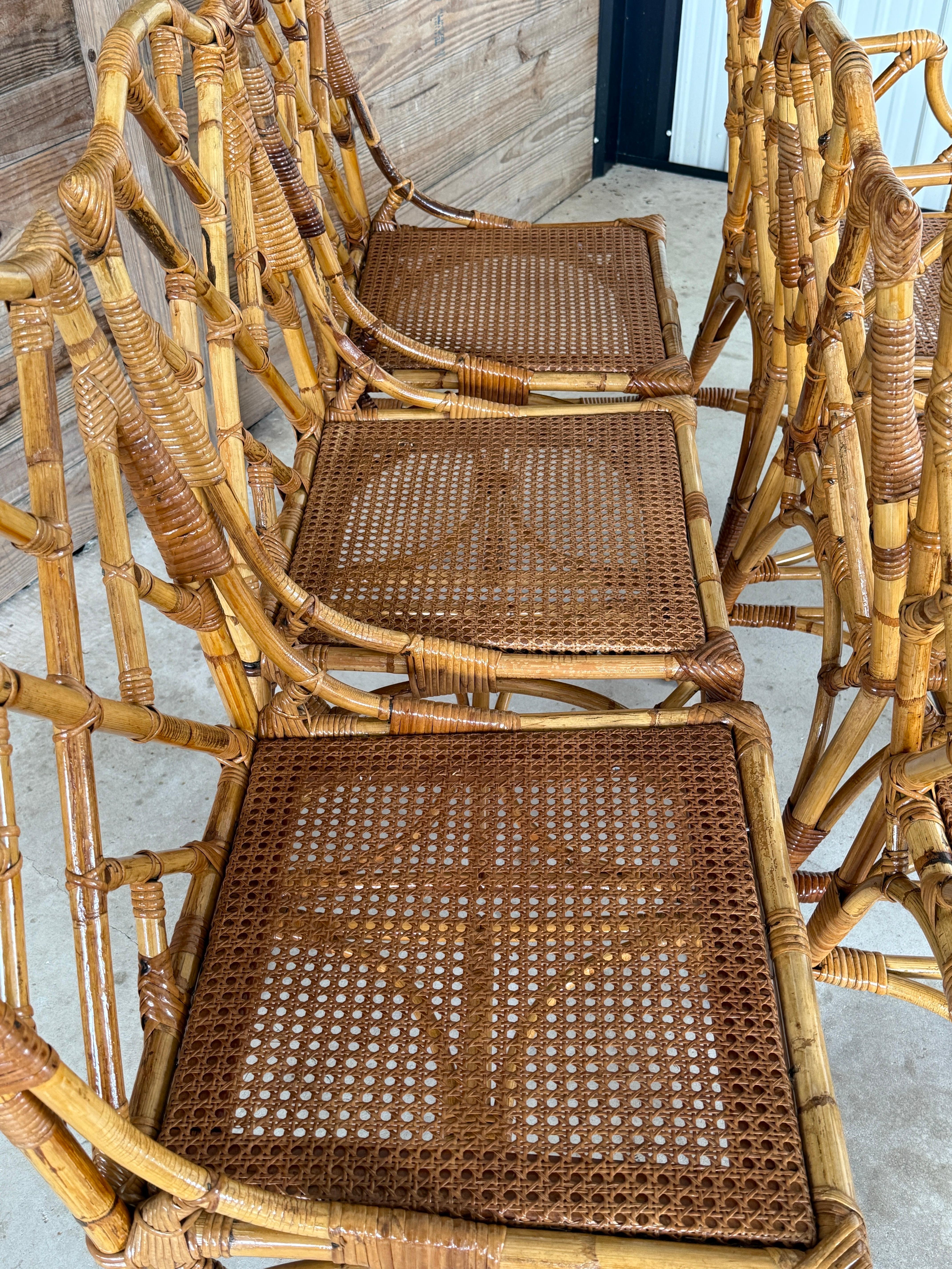 Set of Six Mid-20th Century Restored Italian Rattan Chippendale Dining Chairs en venta 1