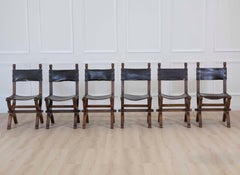 Set of Six Mid-20th Century Spanish Walnut and Leather Dining Chairs