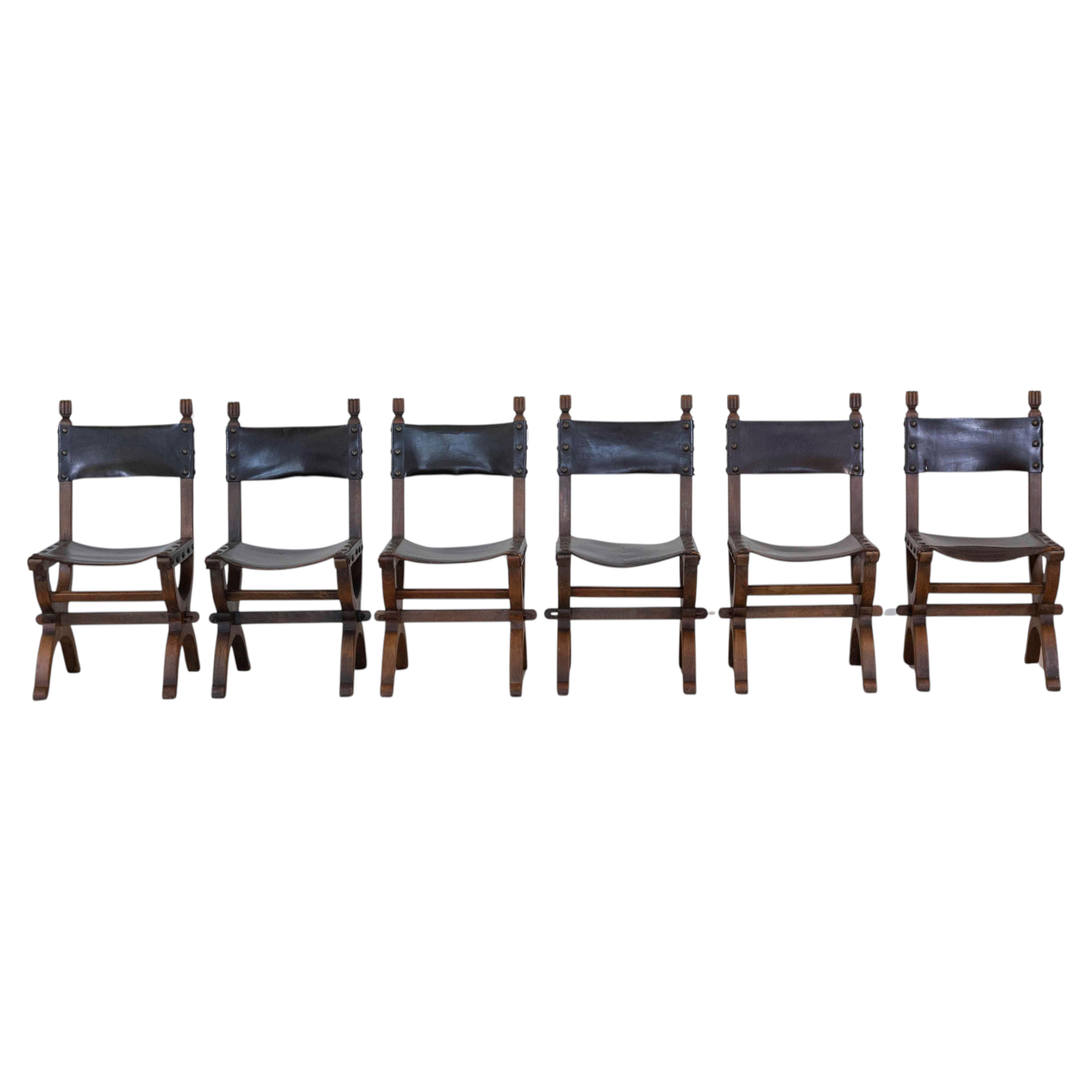 Set of Six Mid-20th Century Spanish Walnut and Leather Dining Chairs For Sale