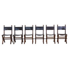 Set of Six Mid-20th Century Spanish Walnut and Leather Dining Chairs