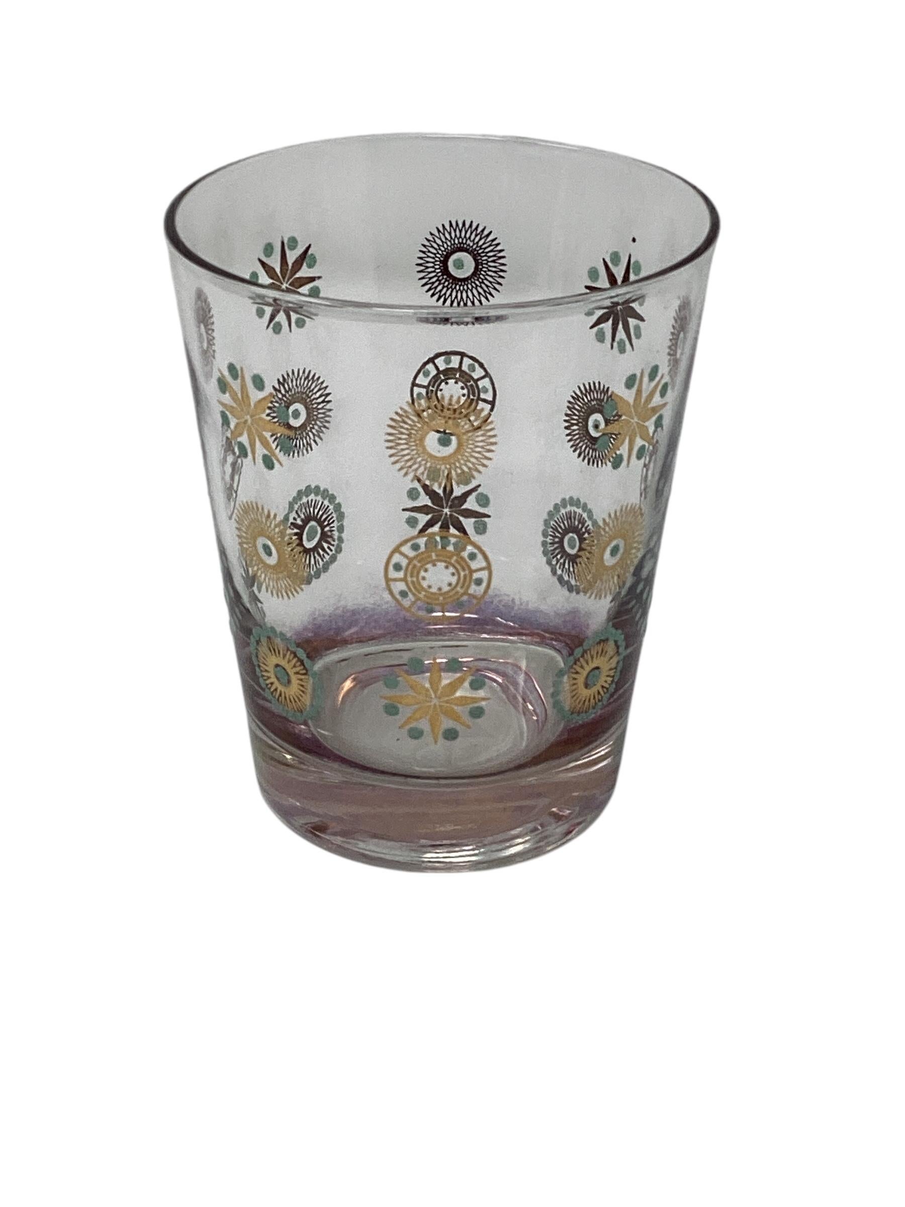 Juego de seis vasos Mid Century Atomic Double Old Fashioned. Decorado en oro de 22 quilates con un diseño en forma de estrella