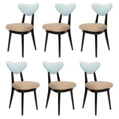 Set of Six Mid Century Beige Blue Mixed Wool Heart Chairs, Europe, 1960s