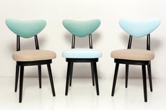 Set of Six Mid Century Beige Green Blue Mixed Wool Heart Chairs, Europe, 1960s