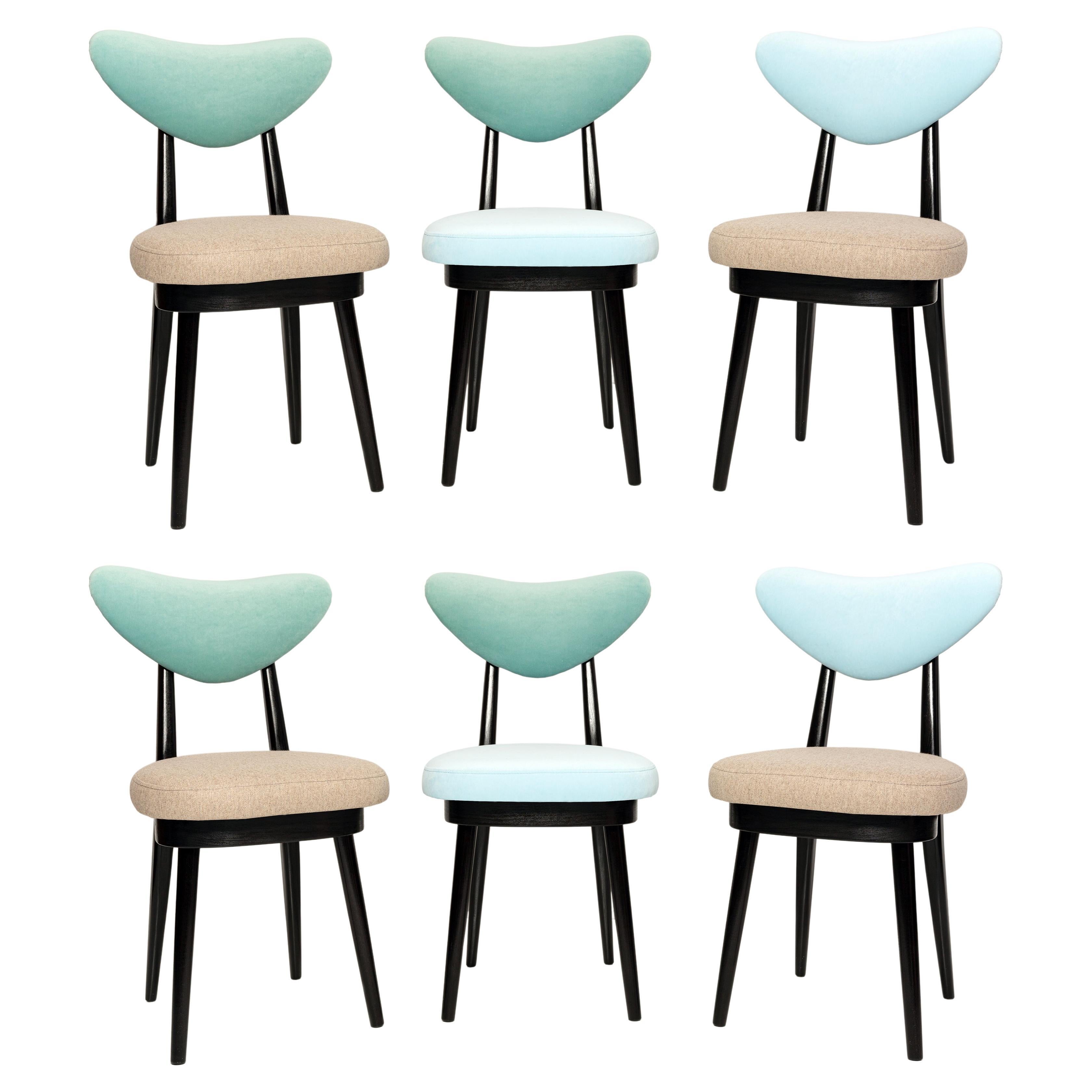 Set of Six Mid Century Beige Green Blue Mixed Wool Heart Chairs, Europe, 1960s For Sale