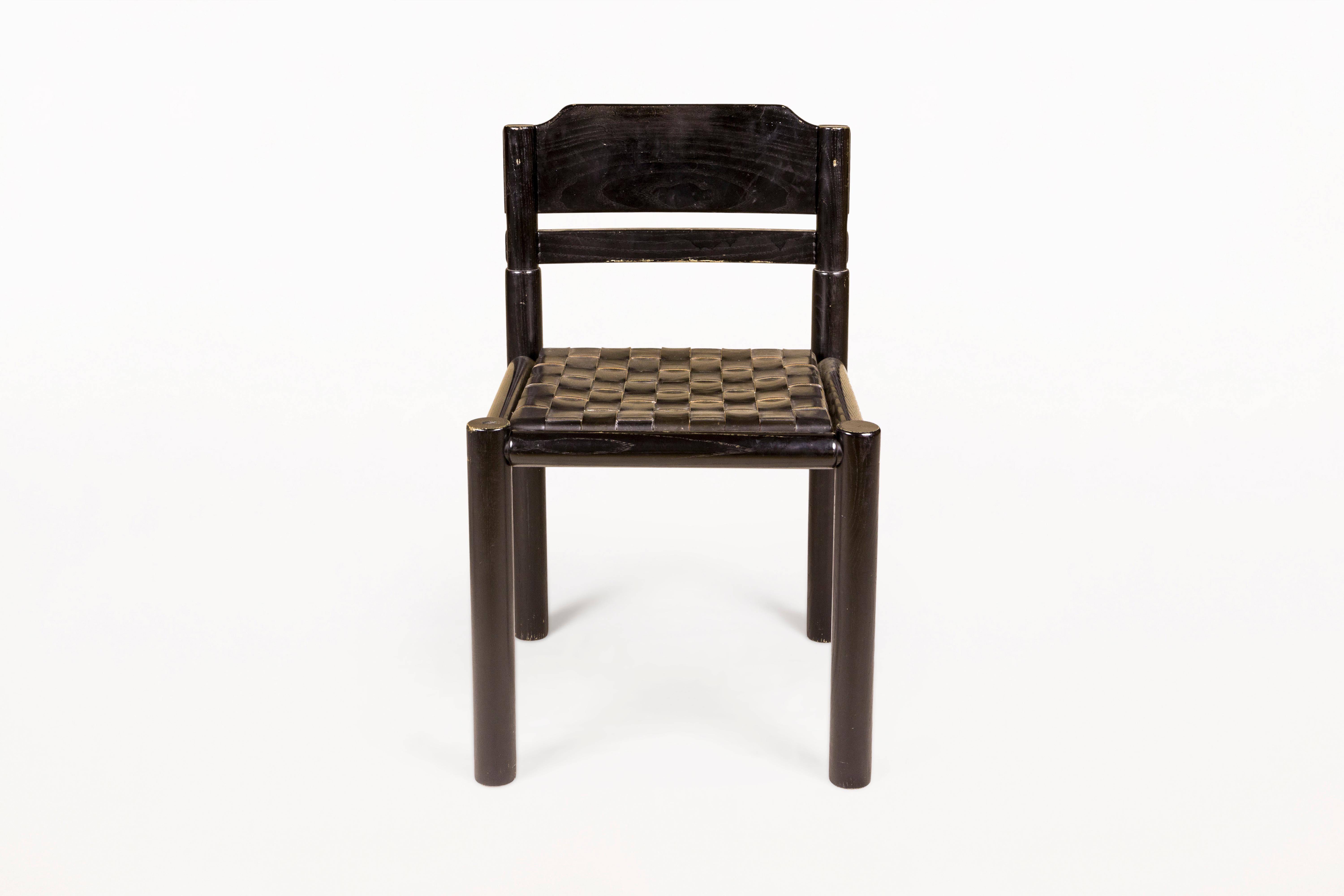 Set of six chairs.
Very decorative.
Made with tinted oak and leather.
Circa 1960, France.
Very good vintage condition.
Mid-Century Modern (MCM) is a design movement in interior, product, graphic design, architecture, and urban development that was