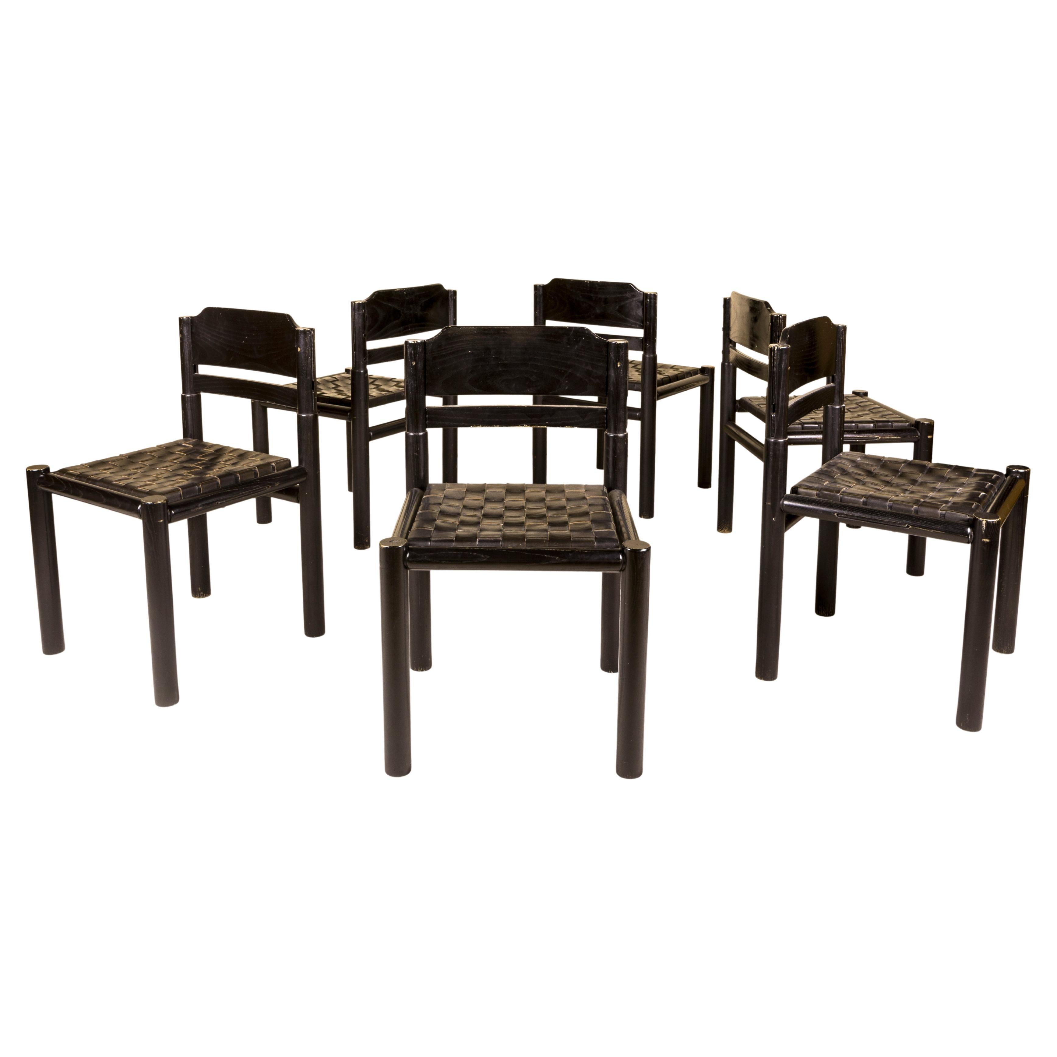 Set of Six Mid-Century Black Chairs, circa 1960, France For Sale