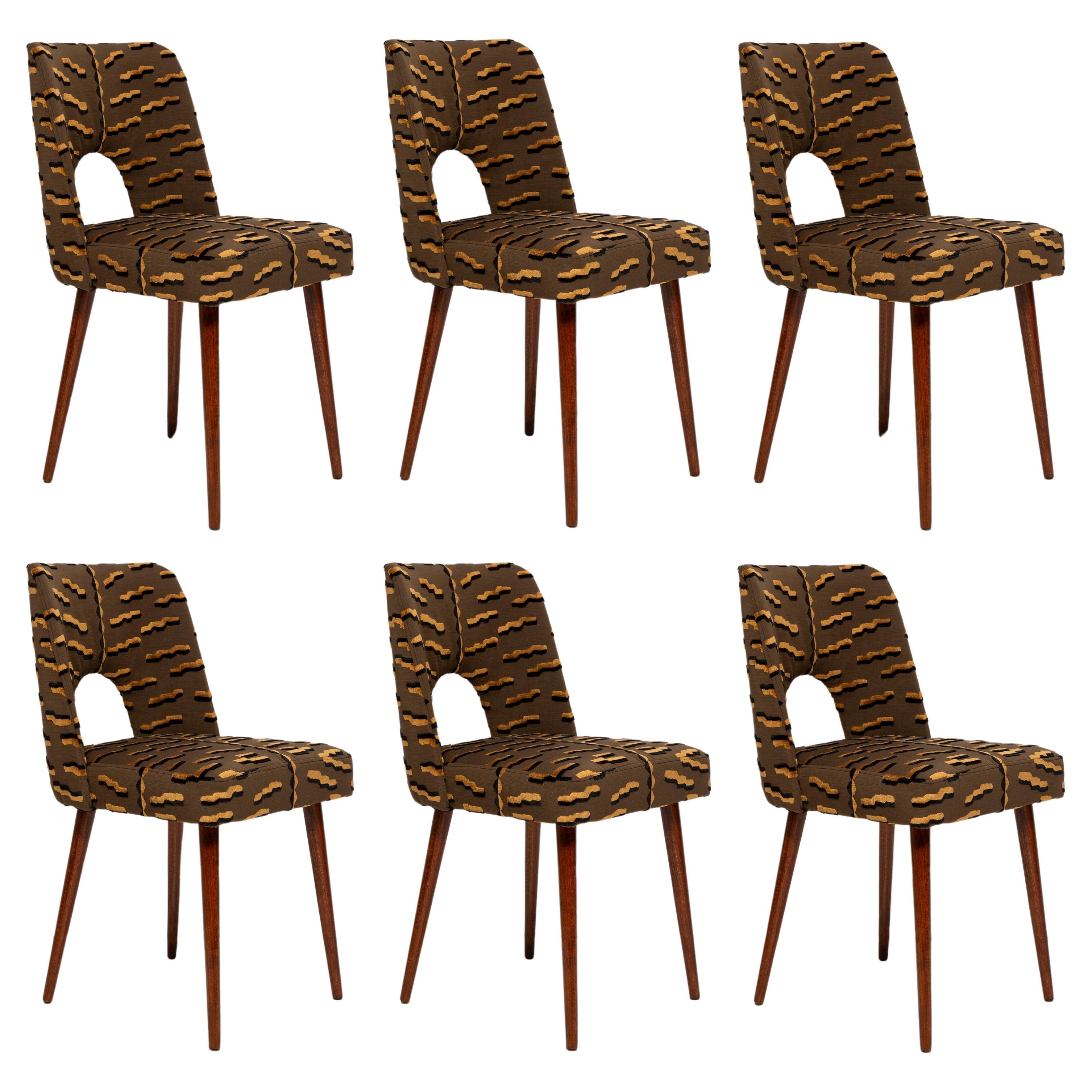 Set of Six Mid Century Brown Tiger Jacquard Velvet Shell Chairs, Europe, 1960s For Sale