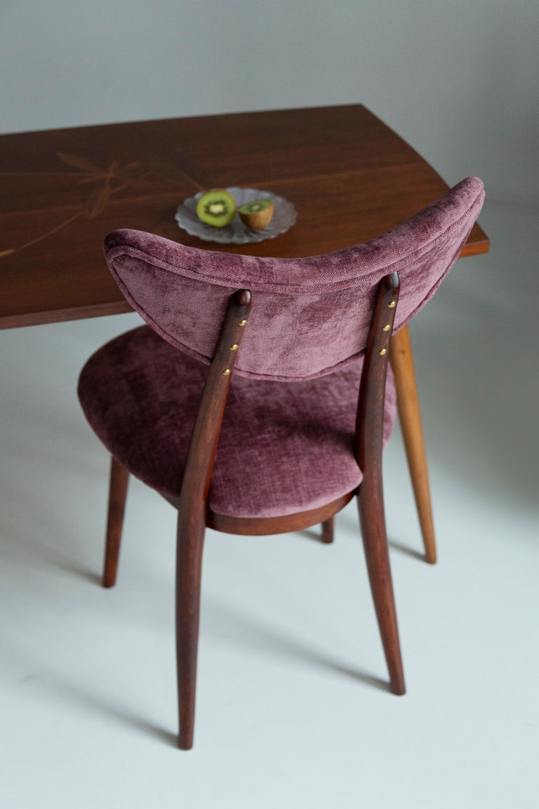 Set of Six Midcentury Burgundy Pink Velvet Heart Chairs, Europe, 1960s