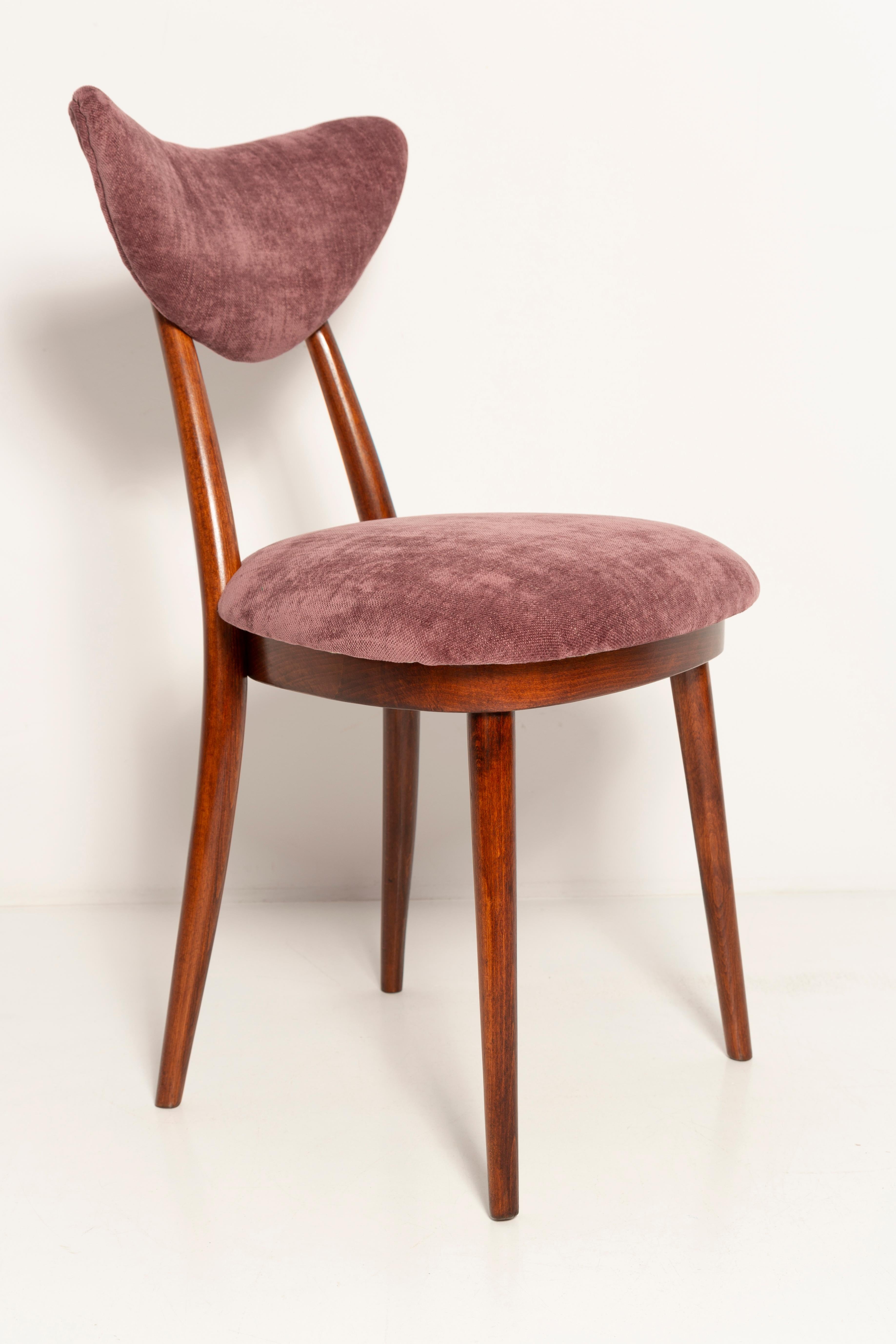 Set of Six Midcentury Burgundy Pink Velvet Heart Chairs, Europe, 1960s For Sale 1