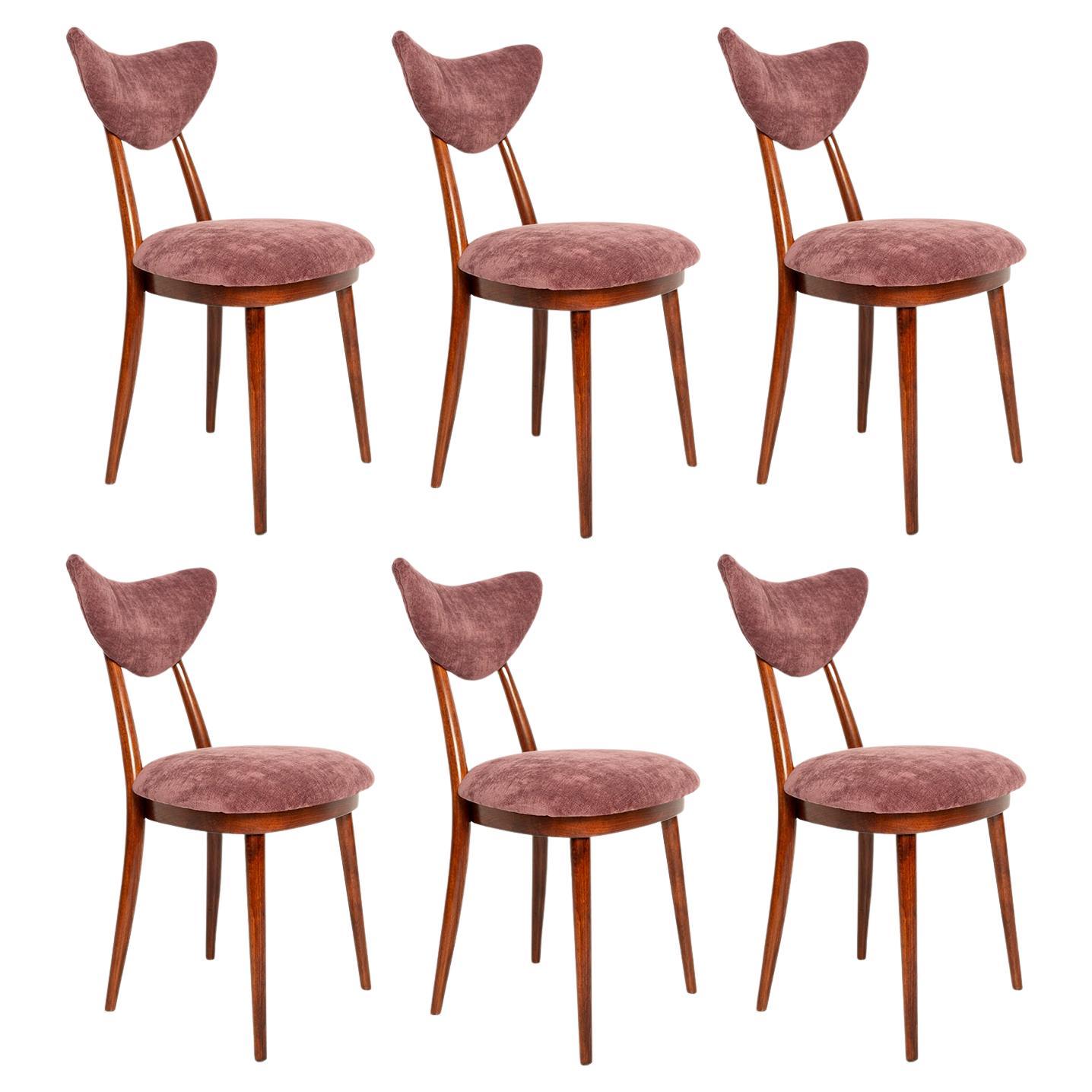 Ensemble de six chaises à cœurs en velours rose bordeaux du milieu du siècle, Europe, années 1960 en vente
