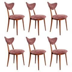Vintage Set of Six Midcentury Burgundy Pink Velvet Heart Chairs, Europe, 1960s